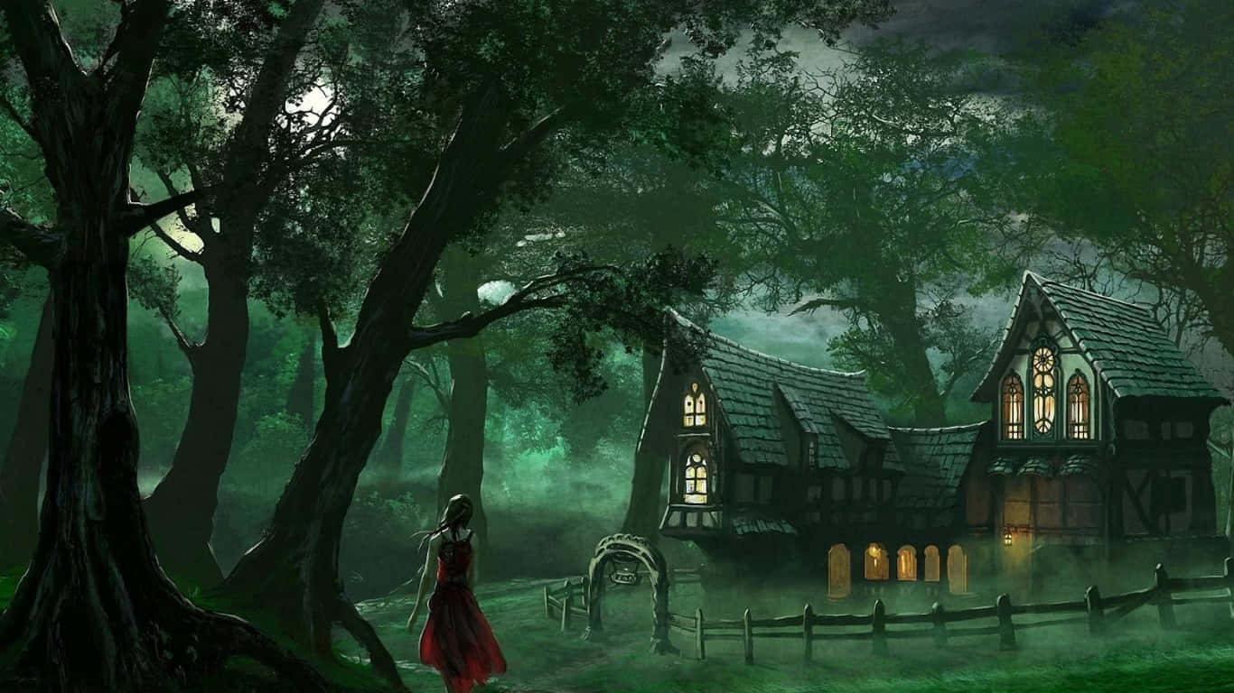 Dark Tales 桌布 壁紙 — 一個孤獨的紅色身影走向一座神秘發光的房子，坐落在霧氣瀰漫、月光籠罩的森林中。
