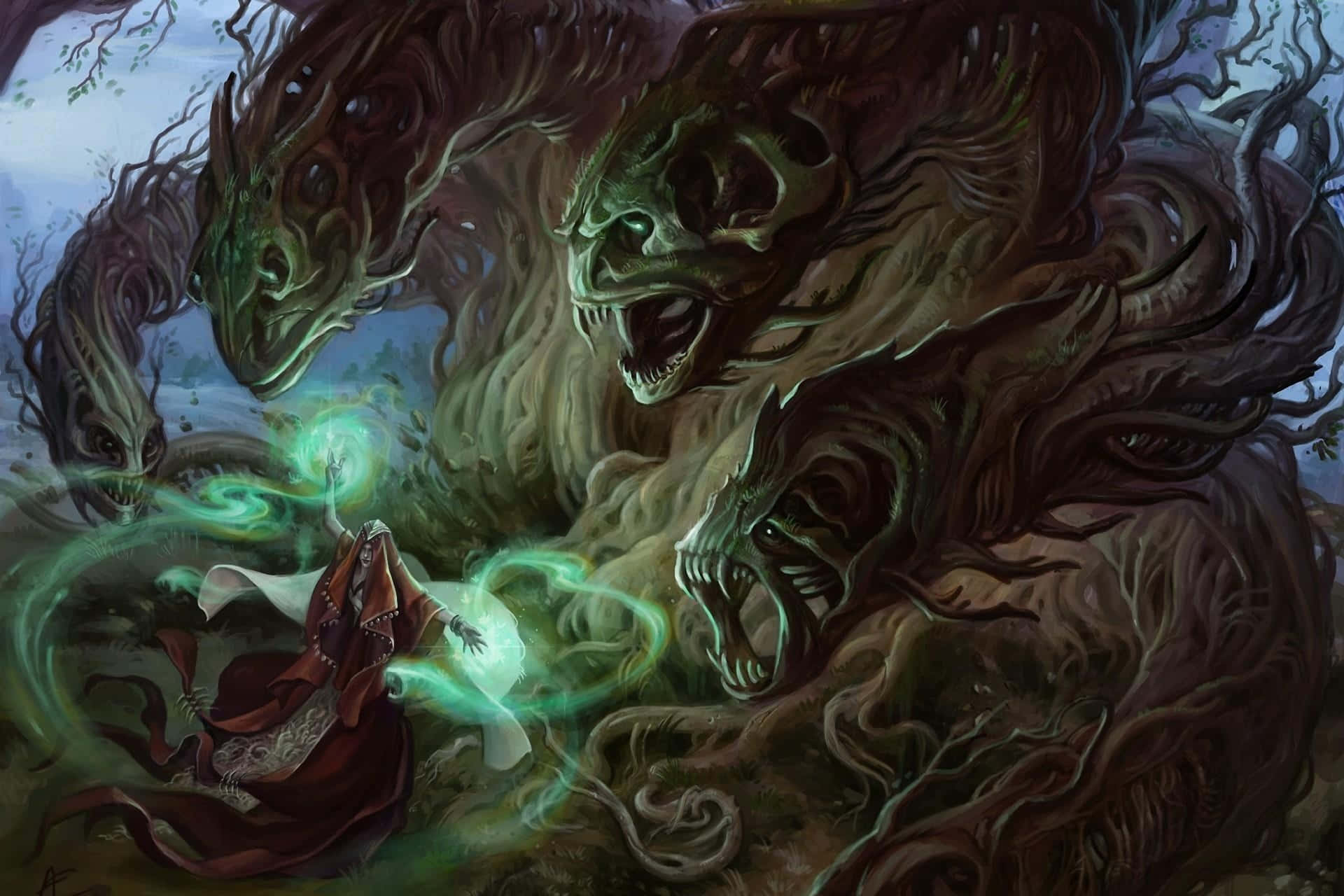 Sorcerer 桌布 壁紙 — 一個孤獨的紅袍法師在黑暗的森林中，對著三個張開大口的怪獸般樹狀生物施展發光的綠色魔法。