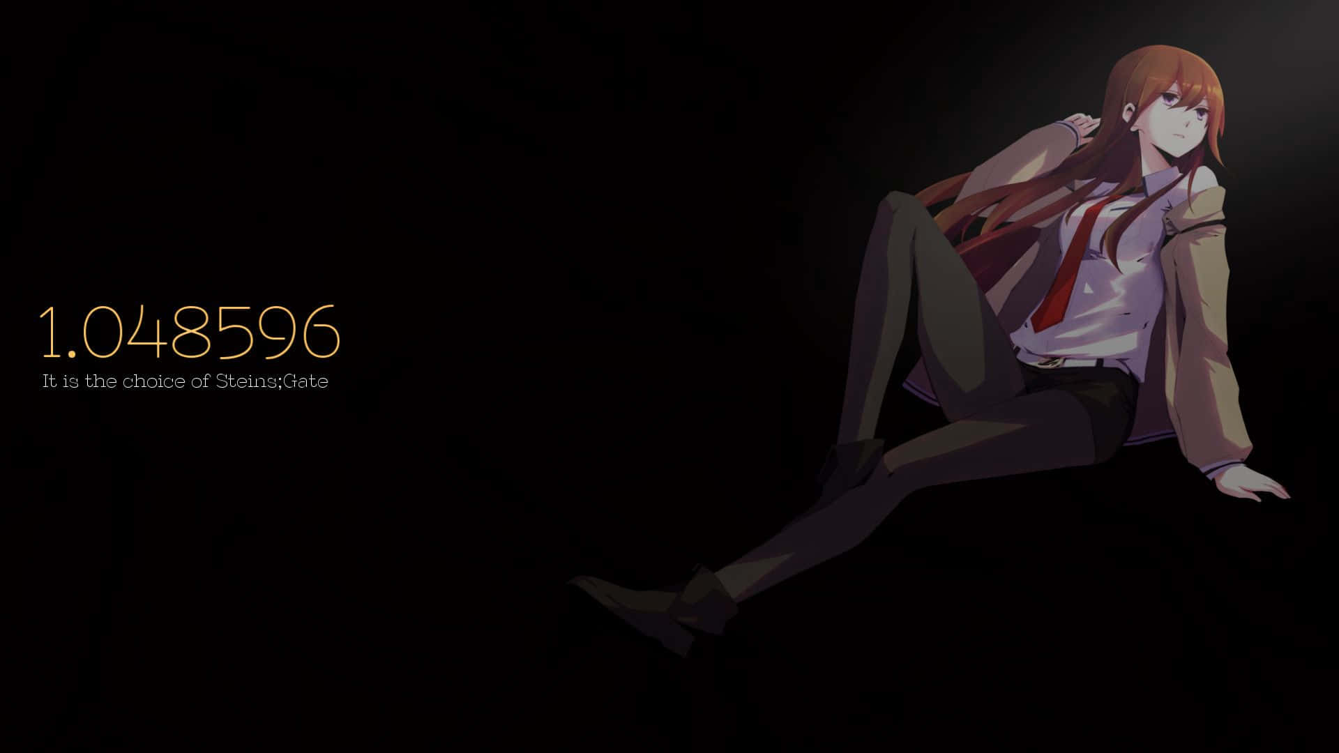 Steins Gate 桌布 壁紙 — 一個孤獨的紅髮動漫女孩坐在陰暗的黑暗中，旁邊是發光的文字，參考了 Steins;Gate。