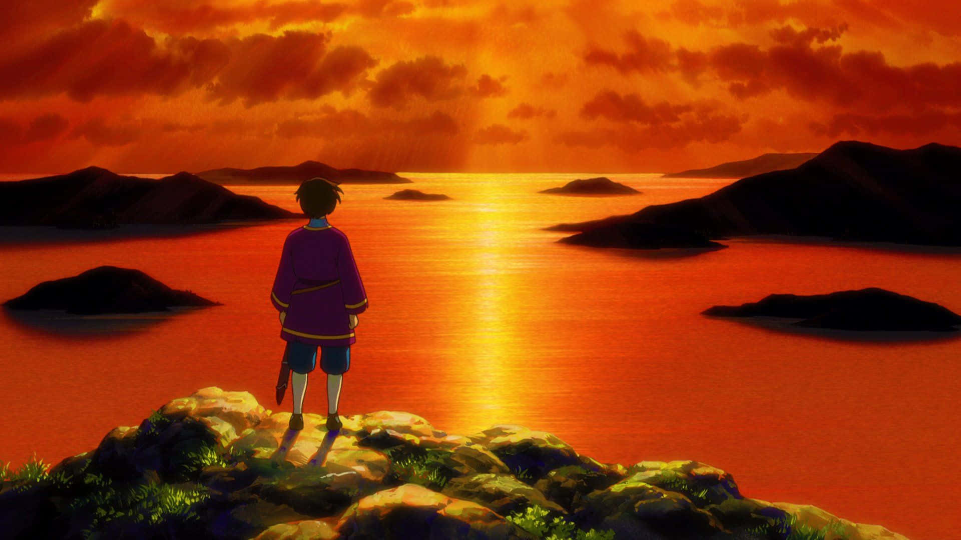 Tales From Earthsea 桌布 壁紙 — 一個孤獨的紫色動漫男孩站在岩石懸崖上，看著火紅的橙色日落映照在平靜的海面上，海面上點綴著黑暗的島嶼。
