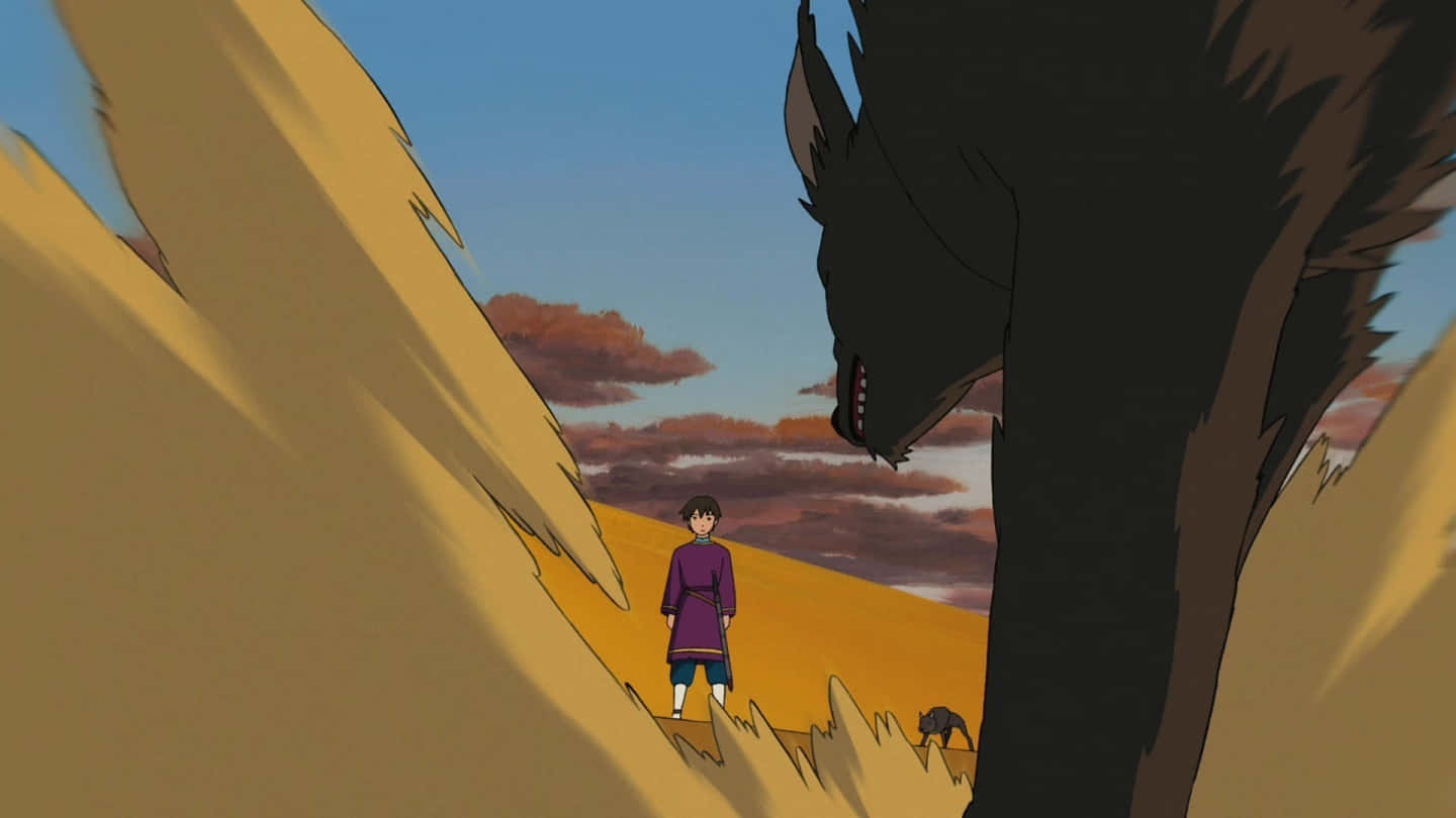 Tales From Earthsea 桌布 壁紙 — 一個孤獨的紫衣男孩在日落時分的金色沙漠中，站在一隻高聳的黑狼面前。