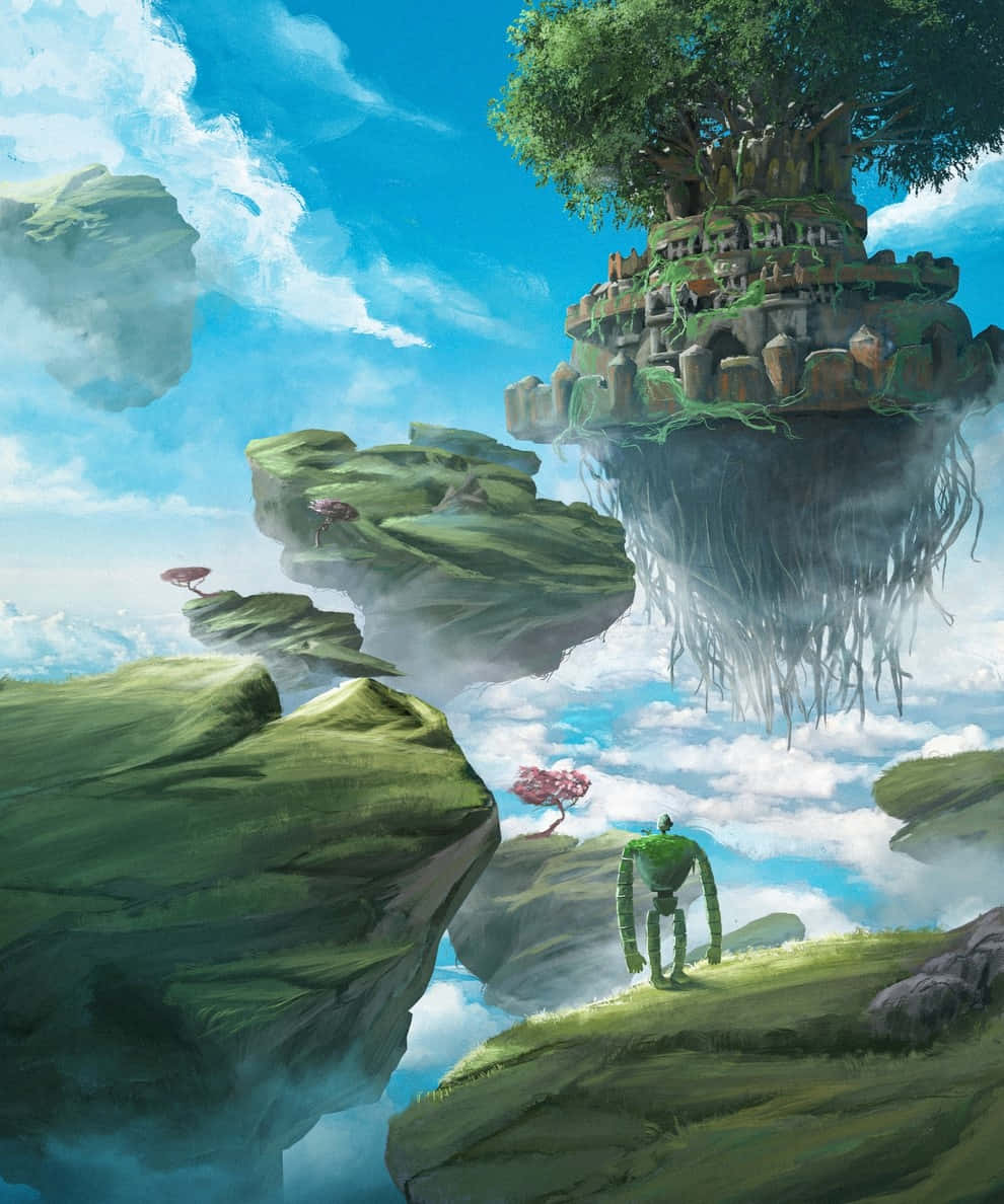 Castle In The Sky 桌布 壁紙 — 一個孤獨的綠色機械人站在浮島上，仰望懸浮在明亮藍天中的巨大樹根城堡。
