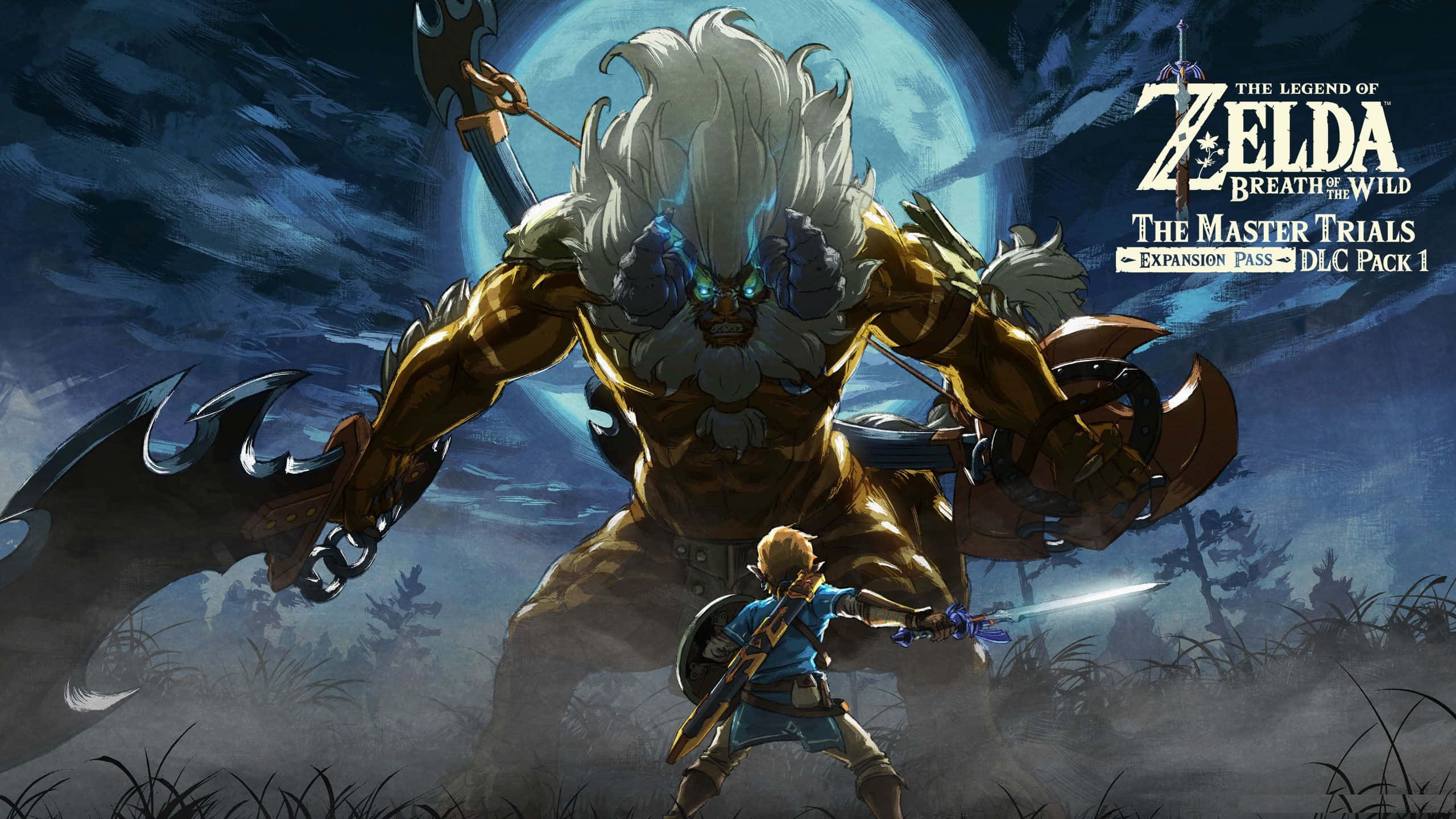 Breath Of The Wild 桌布 壁紙 — 一個孤獨的英雄身穿藍色盔甲，在滿月下挑釁地站在一個白髮、藍色發光眼睛的高聳金色巨人面前。