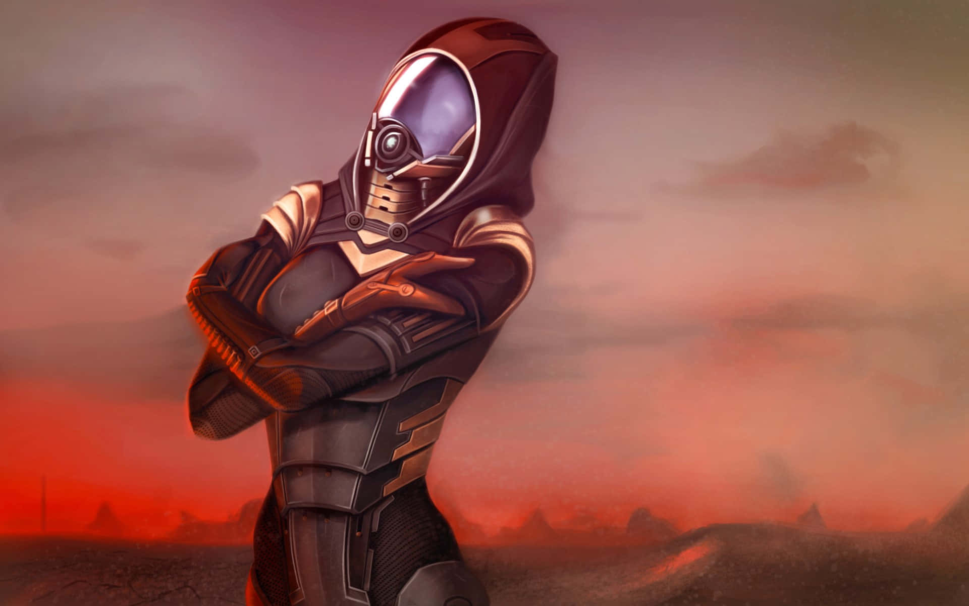 Tali'zorah 桌布 壁紙 — 一個孤獨的裝甲人物穿著連帽套裝，雙臂交叉，背景是火紅色的外星日落。