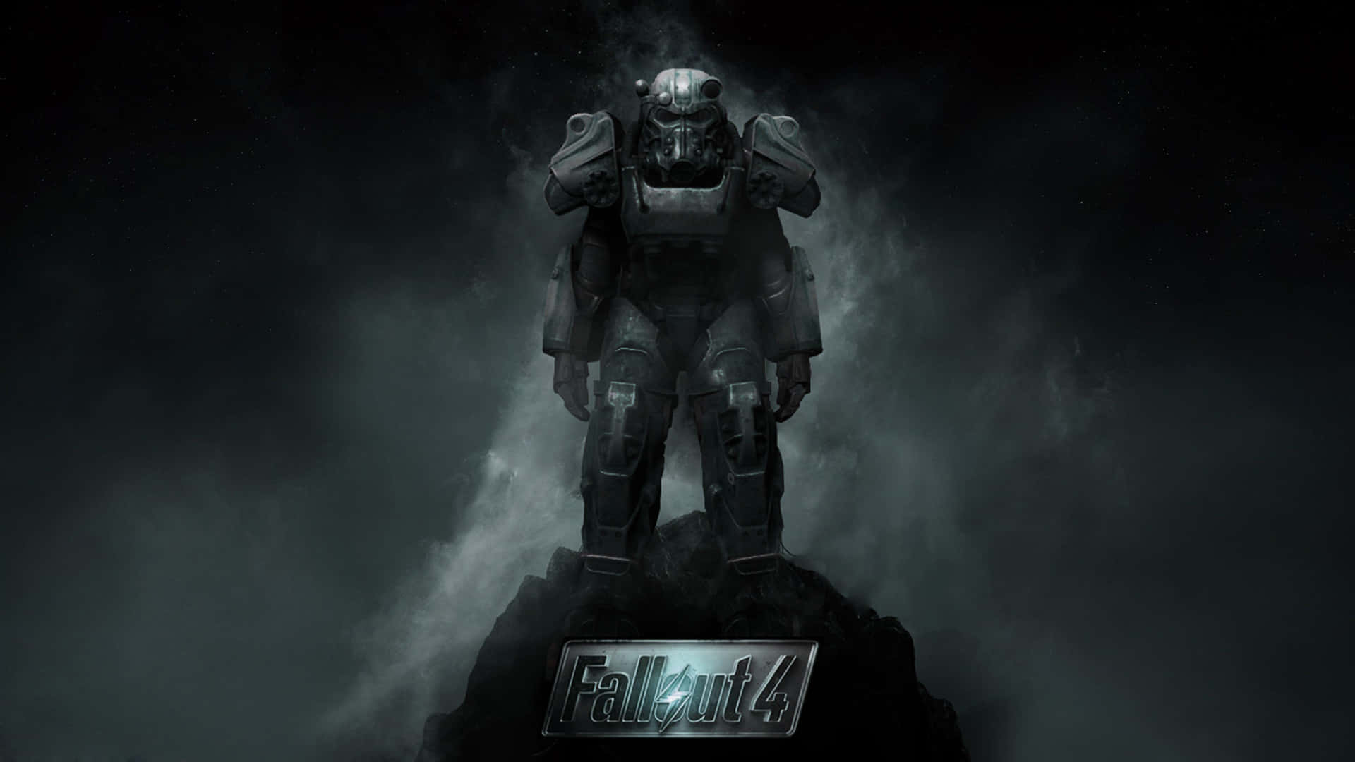 Fallout 4 Power Armor 桌布 壁紙 — 一個孤獨的裝甲人物站在岩石山峰上，背景是黑暗的暴風雨天空，下方有發光的 Fallout 4 標誌。