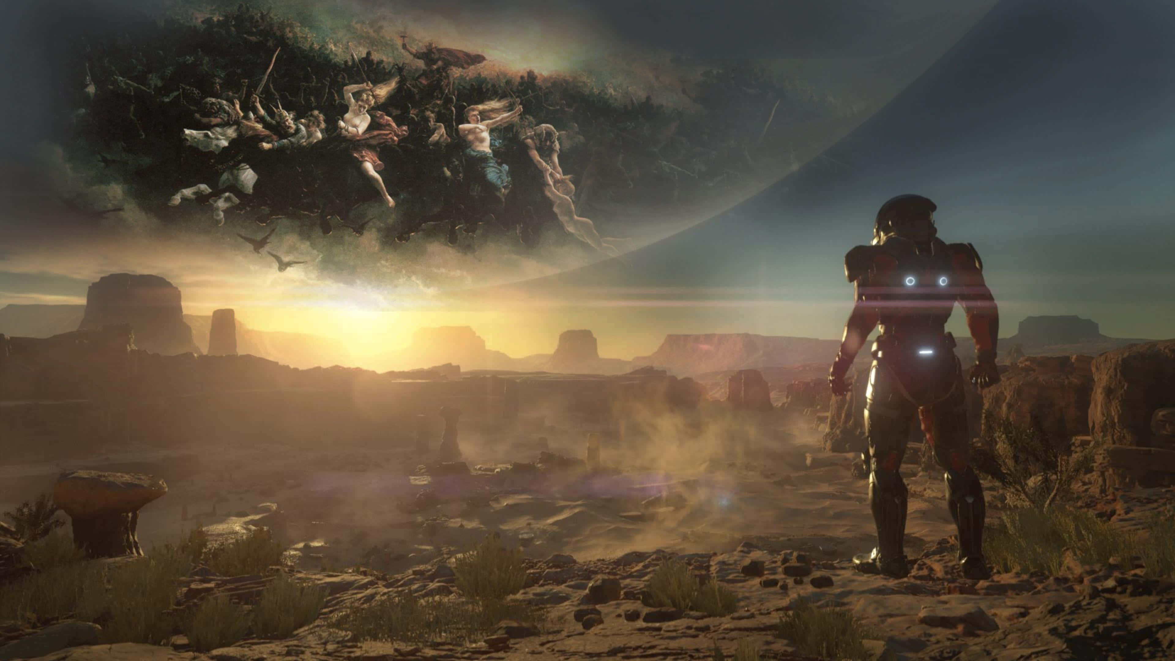 Mass Effect Andromeda 桌布 壁紙 — 一個孤獨的裝甲人物站在沙漠的日落中，仰望上方旋轉的浮動人形群體。