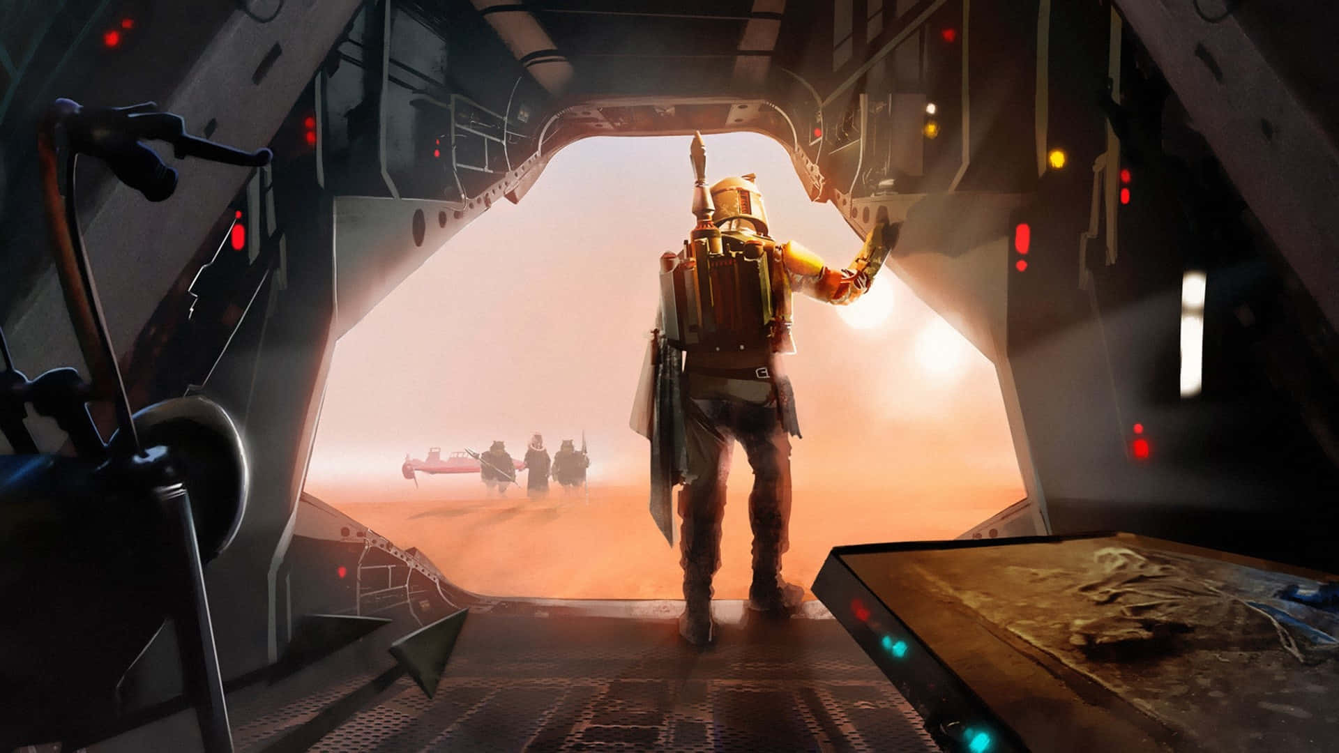 Jango Fett 桌布 壁紙 — 一個孤獨的裝甲人物站在飛船的坡道上，凝視著一個塵土飛揚的外星世界，遠處有身影，下方有一輛紅色車輛。