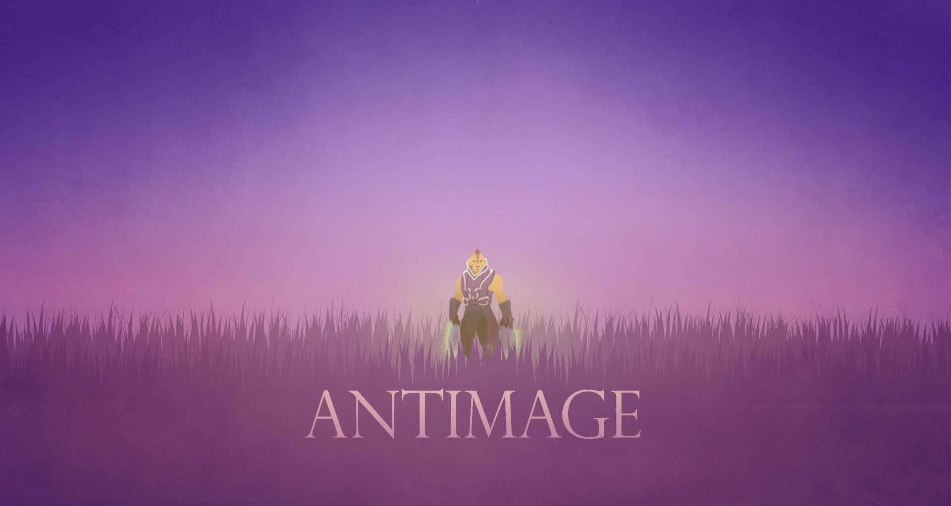 Anti-mage 桌布 壁紙 — 一個孤獨的裝甲人物站在高草叢生的田野中，背景是漸變的紫色天空，下方有 antimage 字樣。