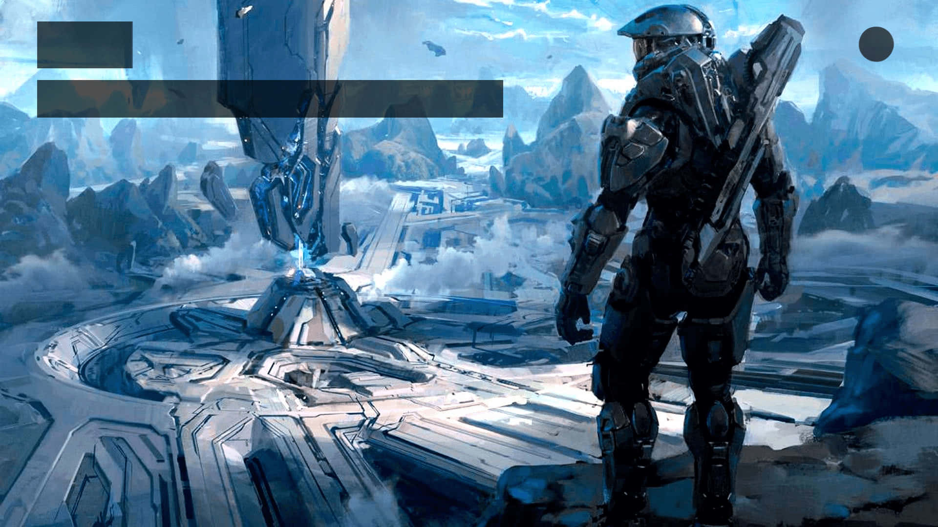 Halo 5 Blue Team 桌布 壁紙 — 一個孤獨的裝甲士兵站在岩石露頭上，俯瞰著一座未來派的外星城市，這座城市坐落在藍天下冰封的山脈中。