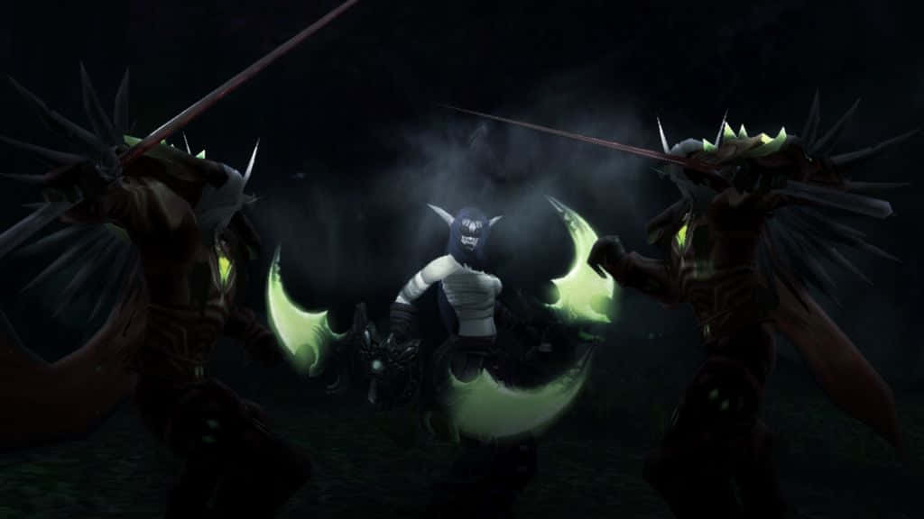 Demon Hunting 桌布 壁紙 — 一個孤獨的裝甲戰士，擁有發光的綠色翅膀，在黑暗迷霧的戰場上挑釁地站在兩個威脅性的尖刺裝甲敵人之間。