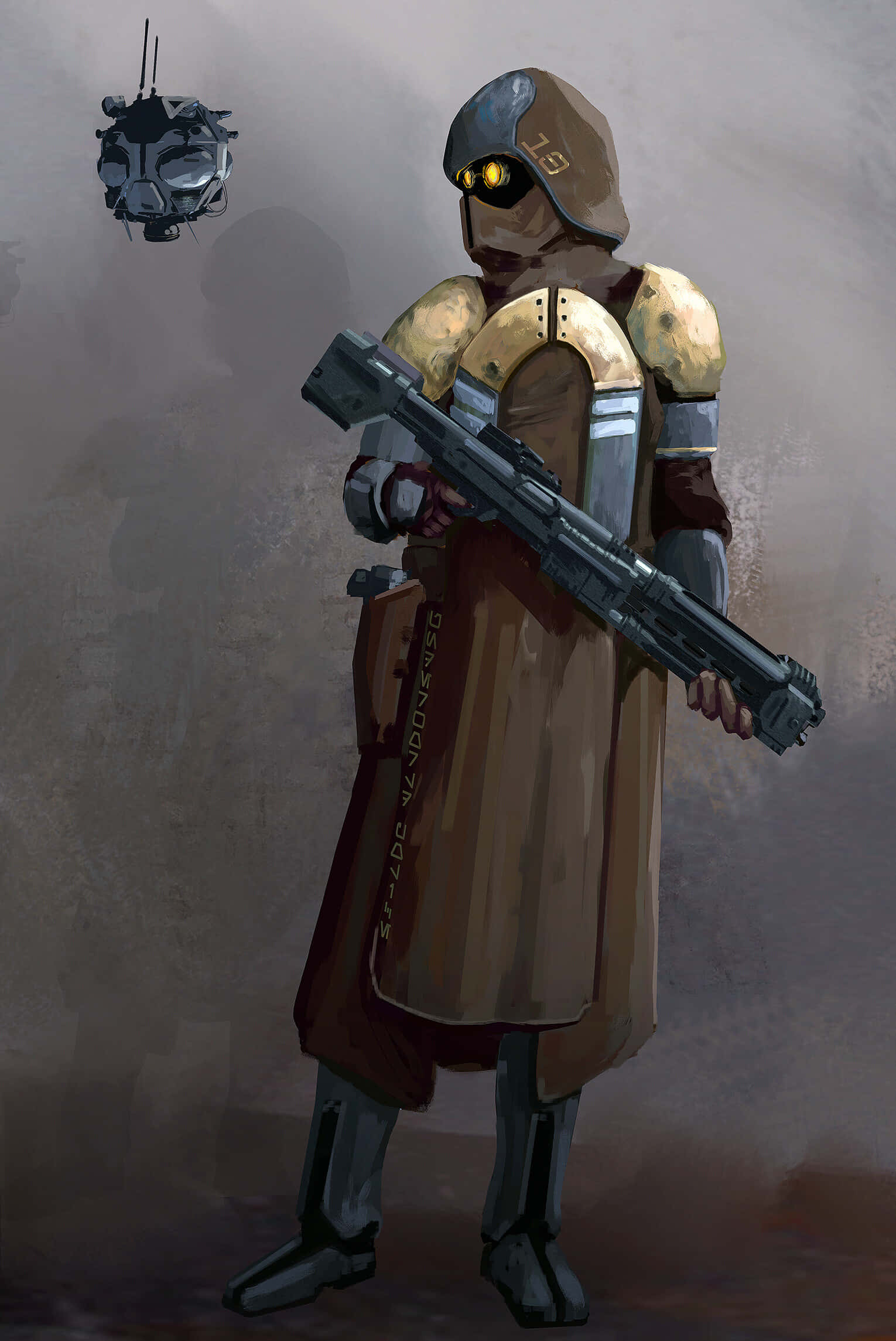 The Coruscant Underworld 桌布 壁紙 — 一個孤獨的裝甲戰士，擁有發光的黃色眼睛，在柔和的灰色背景上拿著重型爆能步槍，上方有一個漂浮的機器人。