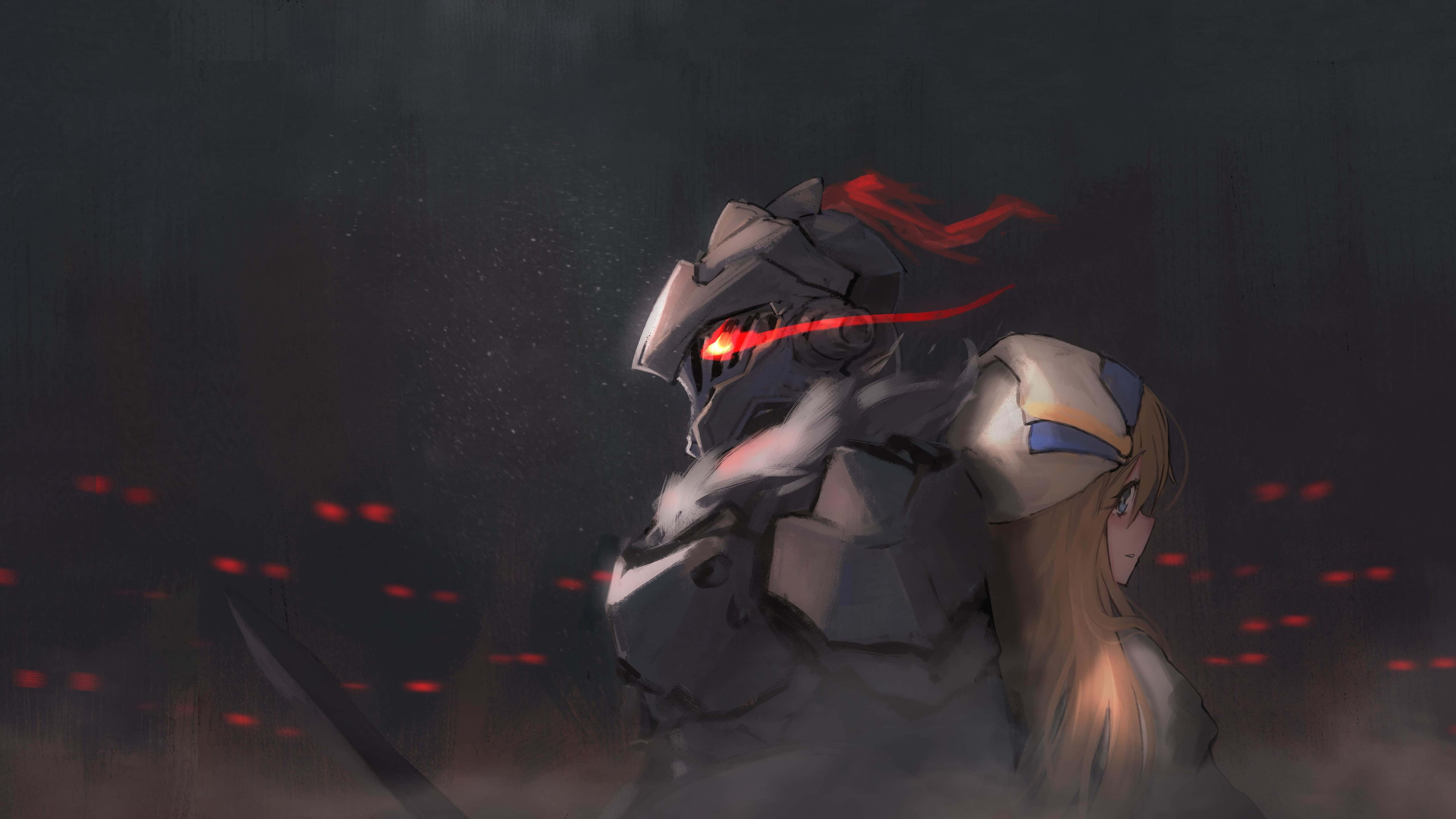 Goblin Slayer 桌布 壁紙 — 一個孤獨的裝甲戰士，眼睛發出紅光，保護性地站在一個年輕女子旁邊，在一個黑暗、霧氣瀰漫、散落著紅色餘燼的戰場上。