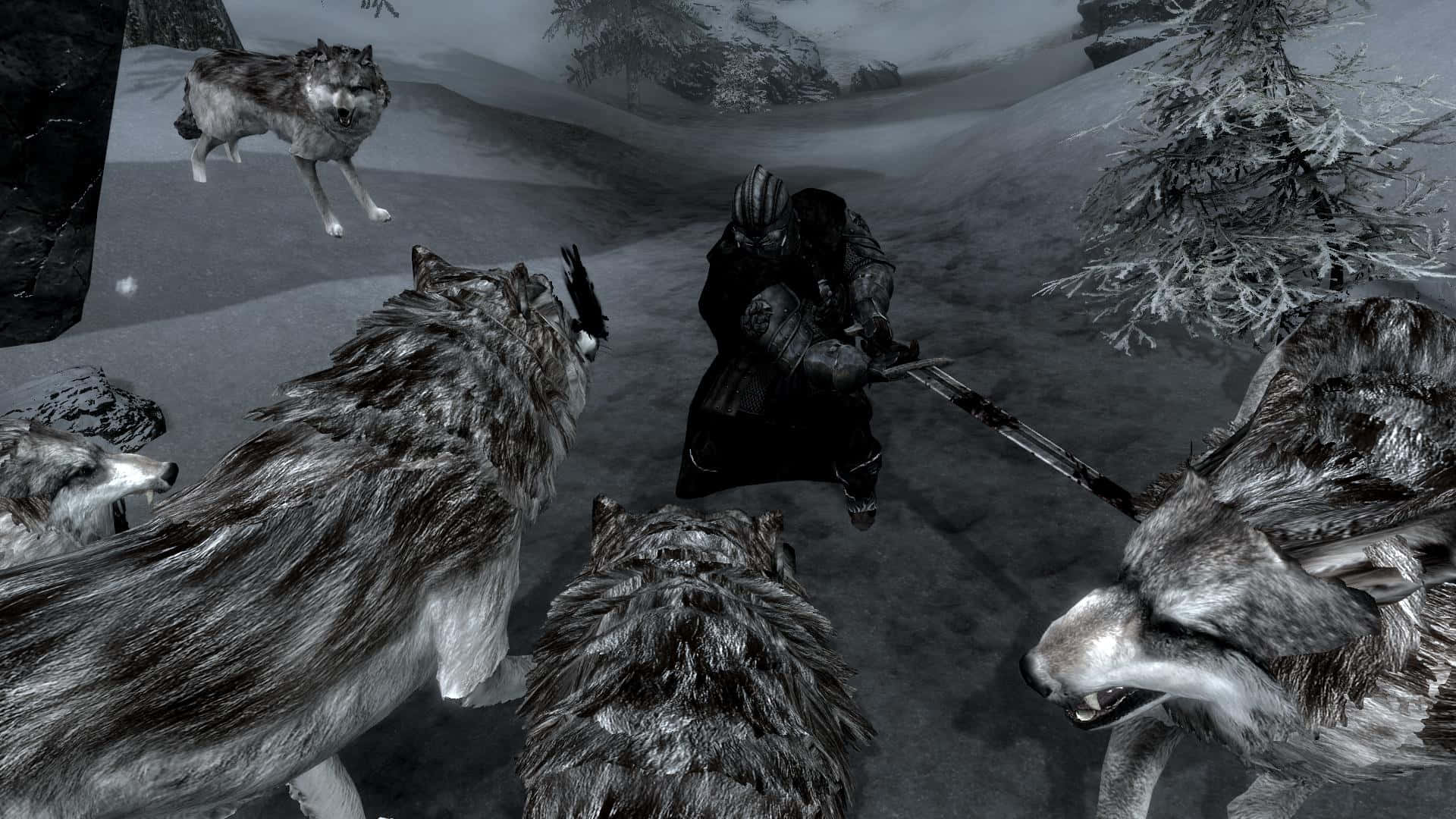 Wolf Attack 桌布 壁紙 — 一個孤獨的裝甲戰士在雪地森林中挑釁地站立，狼群包圍著他，形成緊張的對峙。