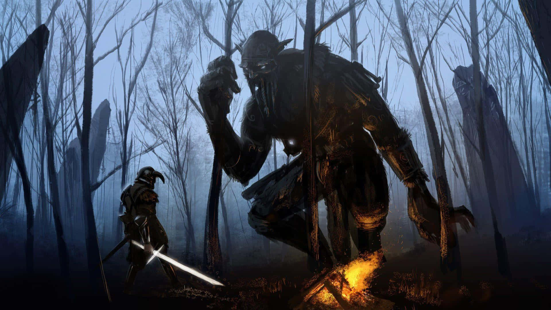 The Elder Scrolls V Skyrim 桌布 壁紙 — 一個孤獨的裝甲戰士在黃昏時分，在迷霧籠罩、骨骼般的森林中， defiantly 地對抗一個高聳的怪物形象。