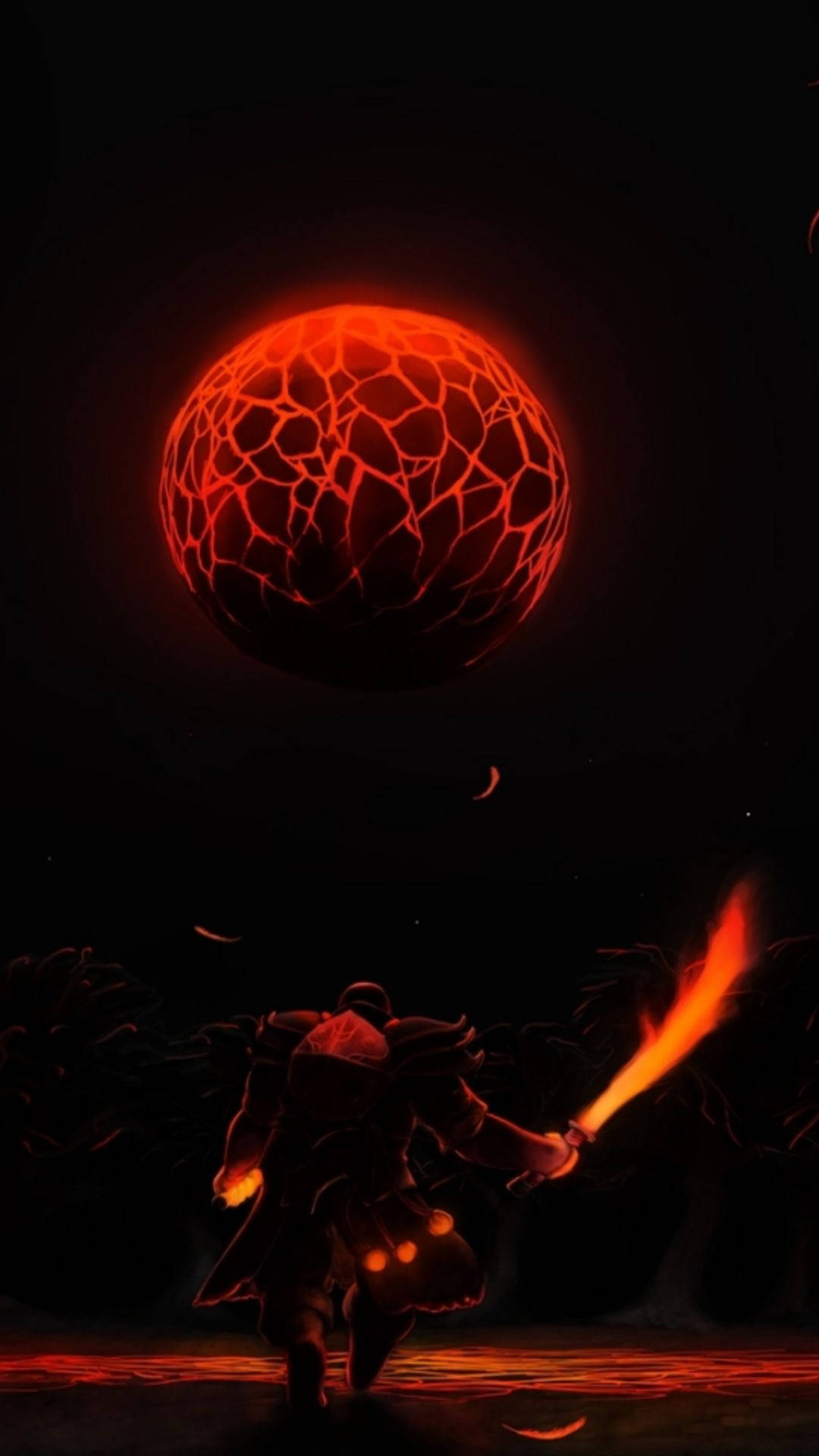 dota 2 iPhone 桌布 壁紙 — 一個孤獨的裝甲戰士在黑暗的外星景觀中，在一個破裂的發光紅色球體下揮舞著一把火焰劍。