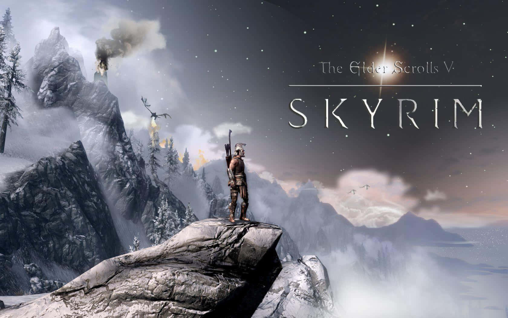 The Elder Scrolls V Skyrim 桌布 壁紙 — 一個孤獨的裝甲戰士站在白雪覆蓋的懸崖上，俯瞰著星空，遠處有山脈，一條龍在冒煙的山峰上空飛翔。