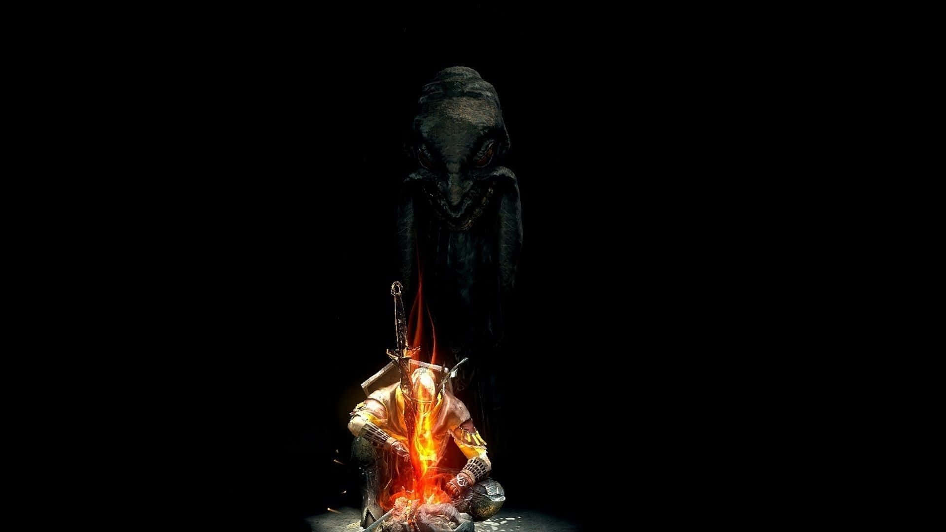 Dark Souls Bonfire 桌布 壁紙 — 一個孤獨的裝甲戰士跪在熊熊營火旁，身後完全黑暗中有個高聳的影子怪物潛伏著。