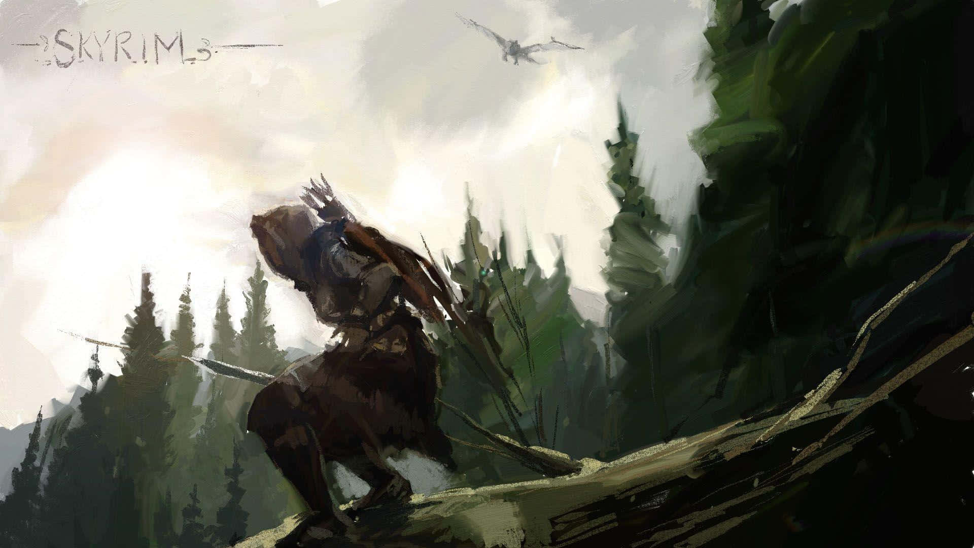 The Elder Scrolls V Skyrim 桌布 壁紙 — 一個孤獨的裝甲戰士騎著馬穿過迷霧森林，一條龍在頭頂翱翔，構成一個戲劇性的奇幻場景。