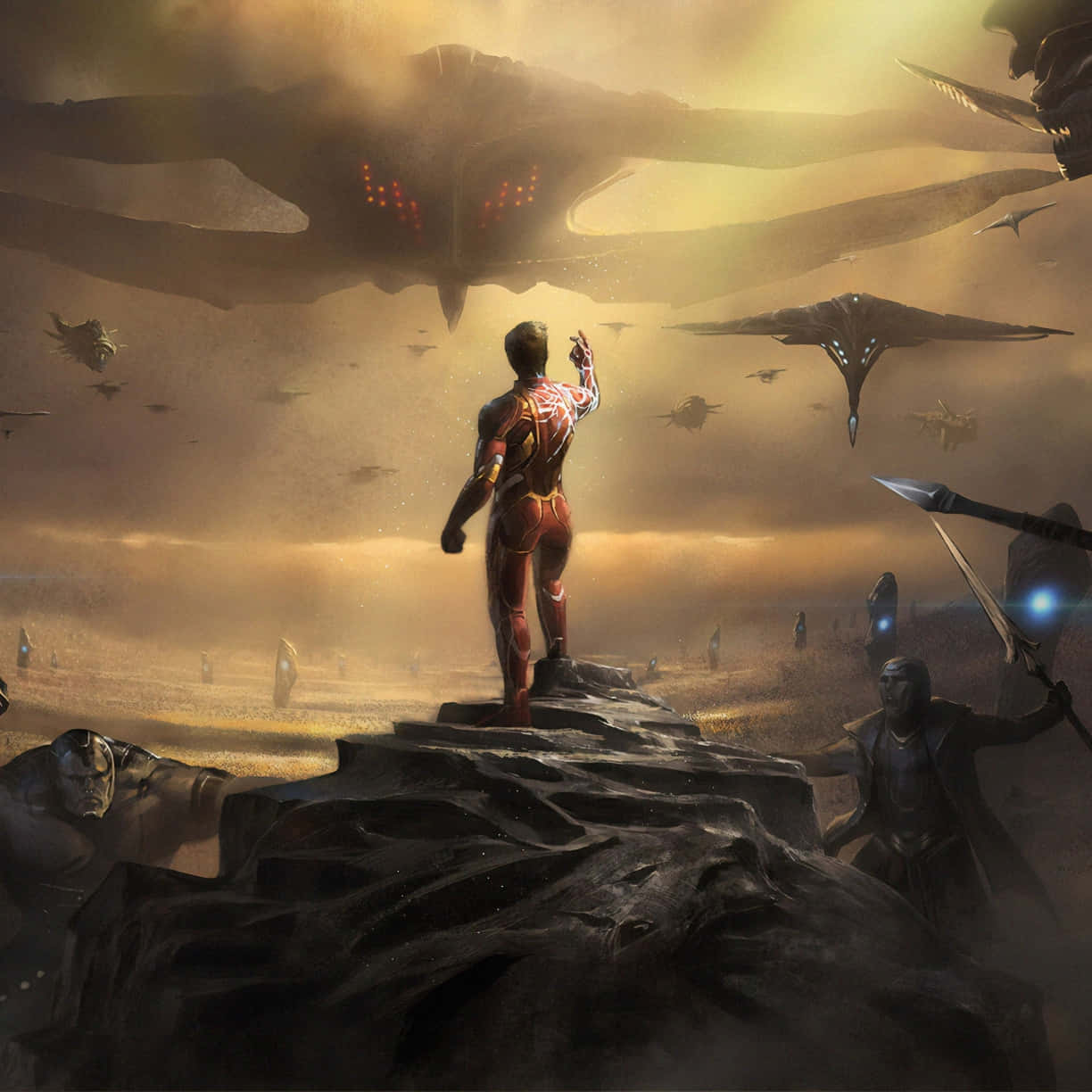 Iron Man Fan Art 桌布 壁紙 — 一個孤獨的裝甲英雄站在岩石露頭上，面對著一艘巨大的外星戰艦和一群飛行船隻，天空呈現金色。