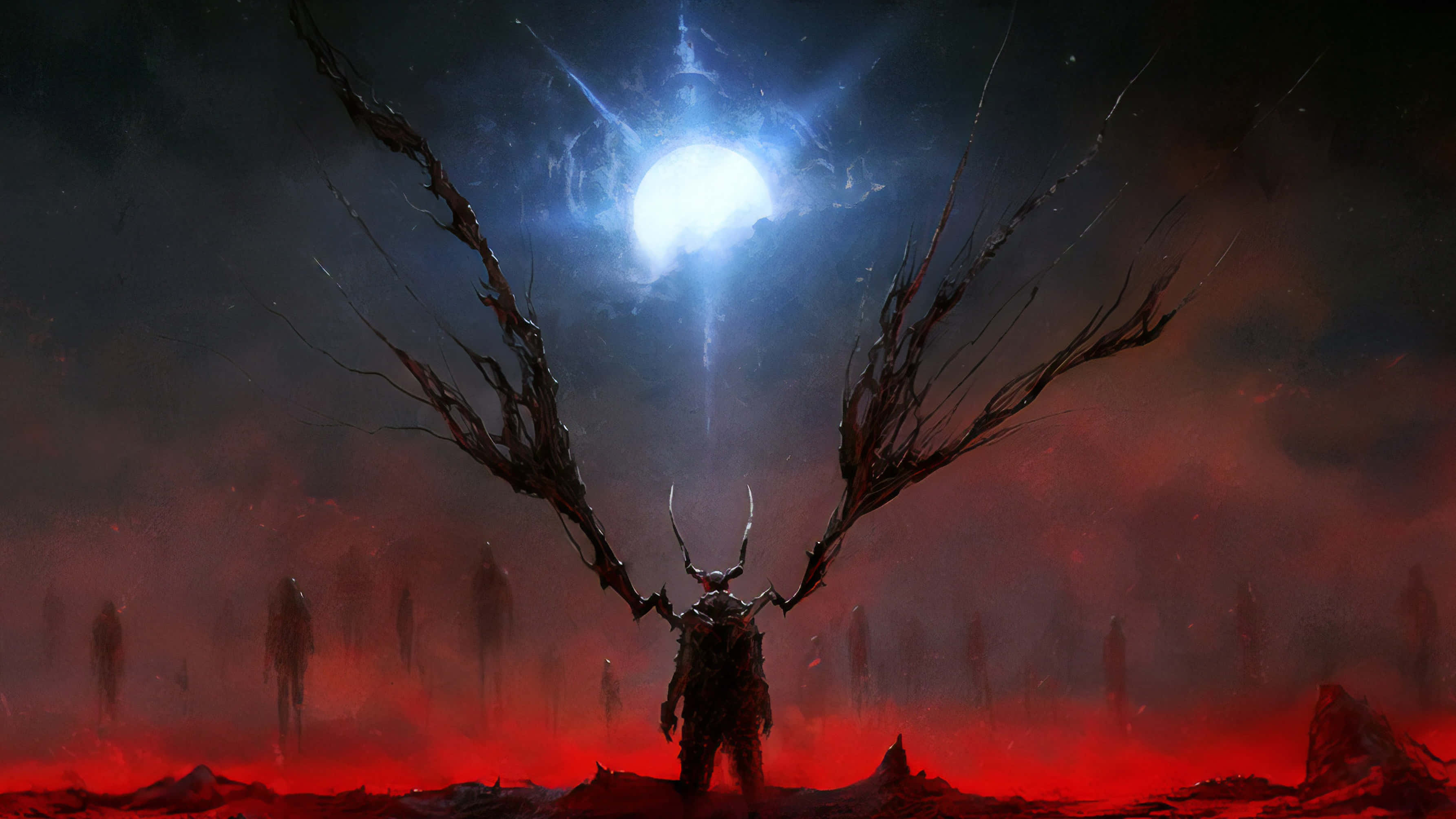 Demon Fighting 桌布 壁紙 — 一個孤獨的裝甲身影，帶有骷髏翅膀，站在血紅色荒原中一個發光的天體球體前。