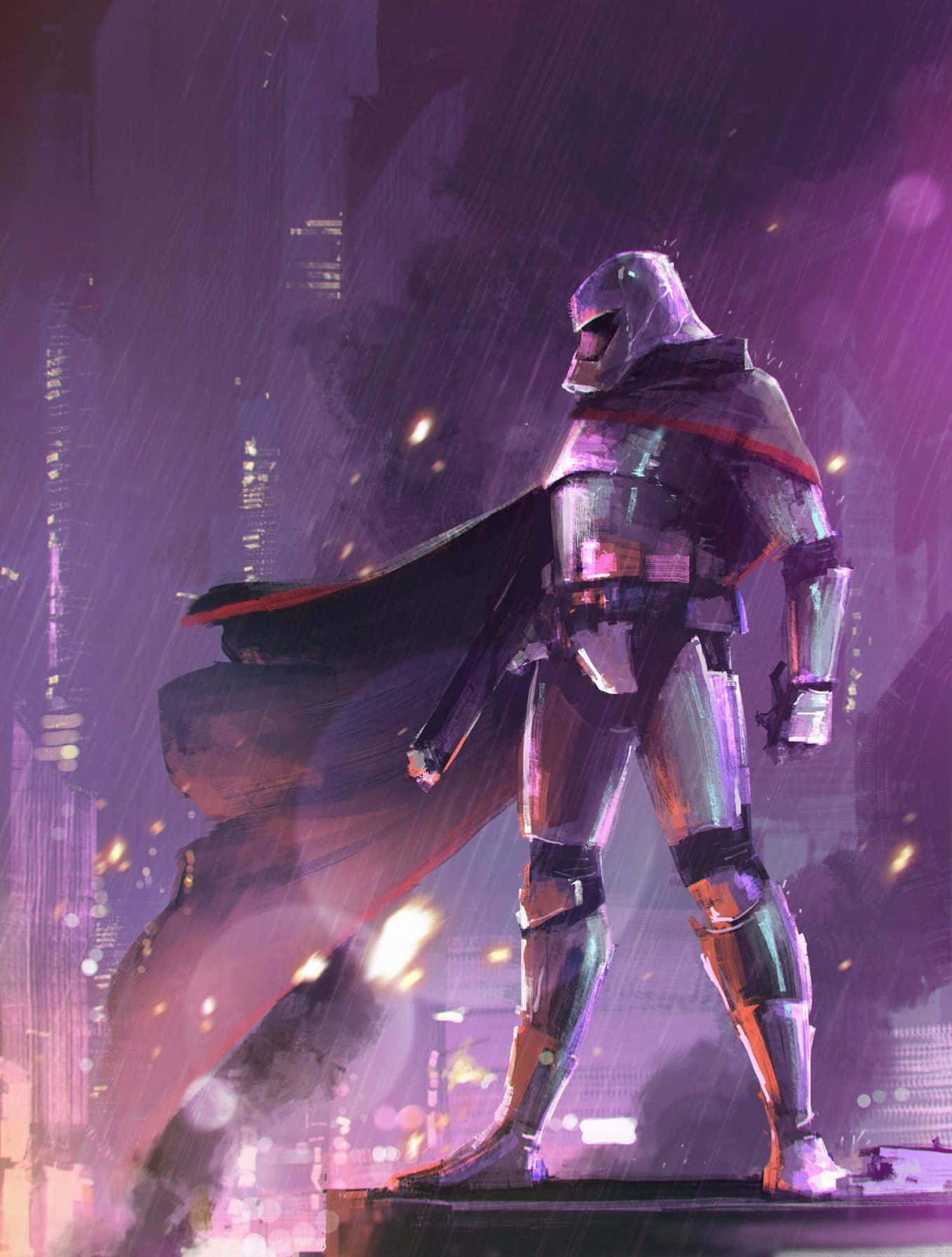 Captain Phasma 桌布 壁紙 — 一個孤獨的裝甲身影，披著飄逸的斗篷，站在雨濕的霓虹城市夜景中，發光的燈光在金屬表面上反射。