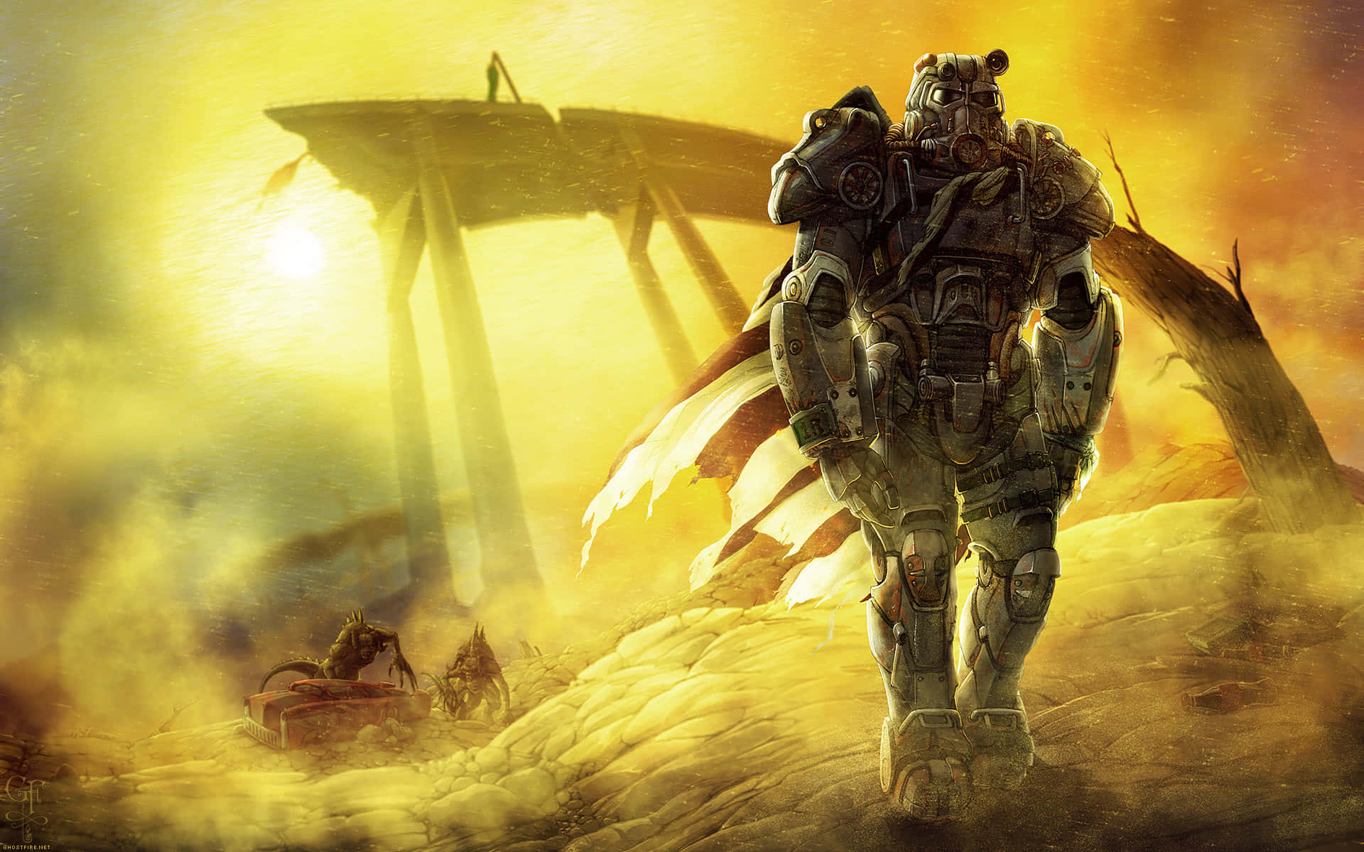 Fallout 4 Wasteland 桌布 壁紙 — 一個孤獨的裝甲身影在金色太陽下走過荒蕪的廢土，背後有一座破敗的建築物隱約可見。
