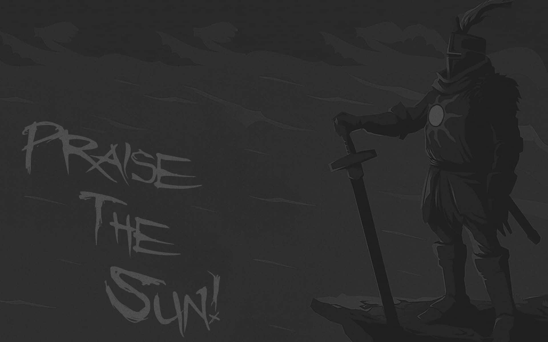 Solaire Of Astora 桌布 壁紙 — 一個孤獨的裝甲騎士站在懸崖上，手持劍，面對黑暗暴風雨的天空，並帶有「讚美太陽」的字樣。
