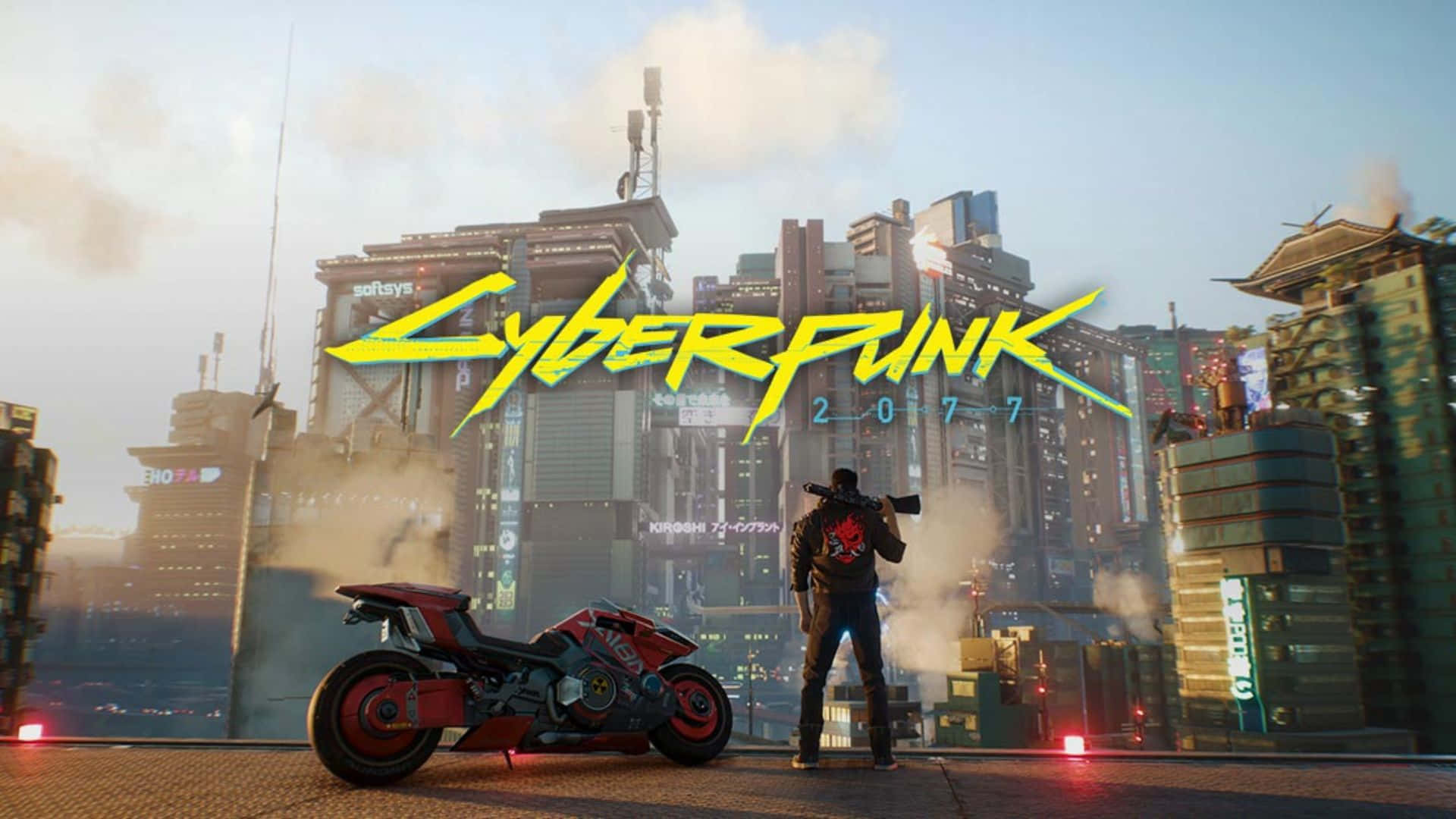 Cyberpunk 2077 Characters 桌布 壁紙 — 一個孤獨的賽博龐克騎士站在一輛紅色電單車旁，俯瞰著黎明時分霓虹燈閃爍的未來城市景觀。