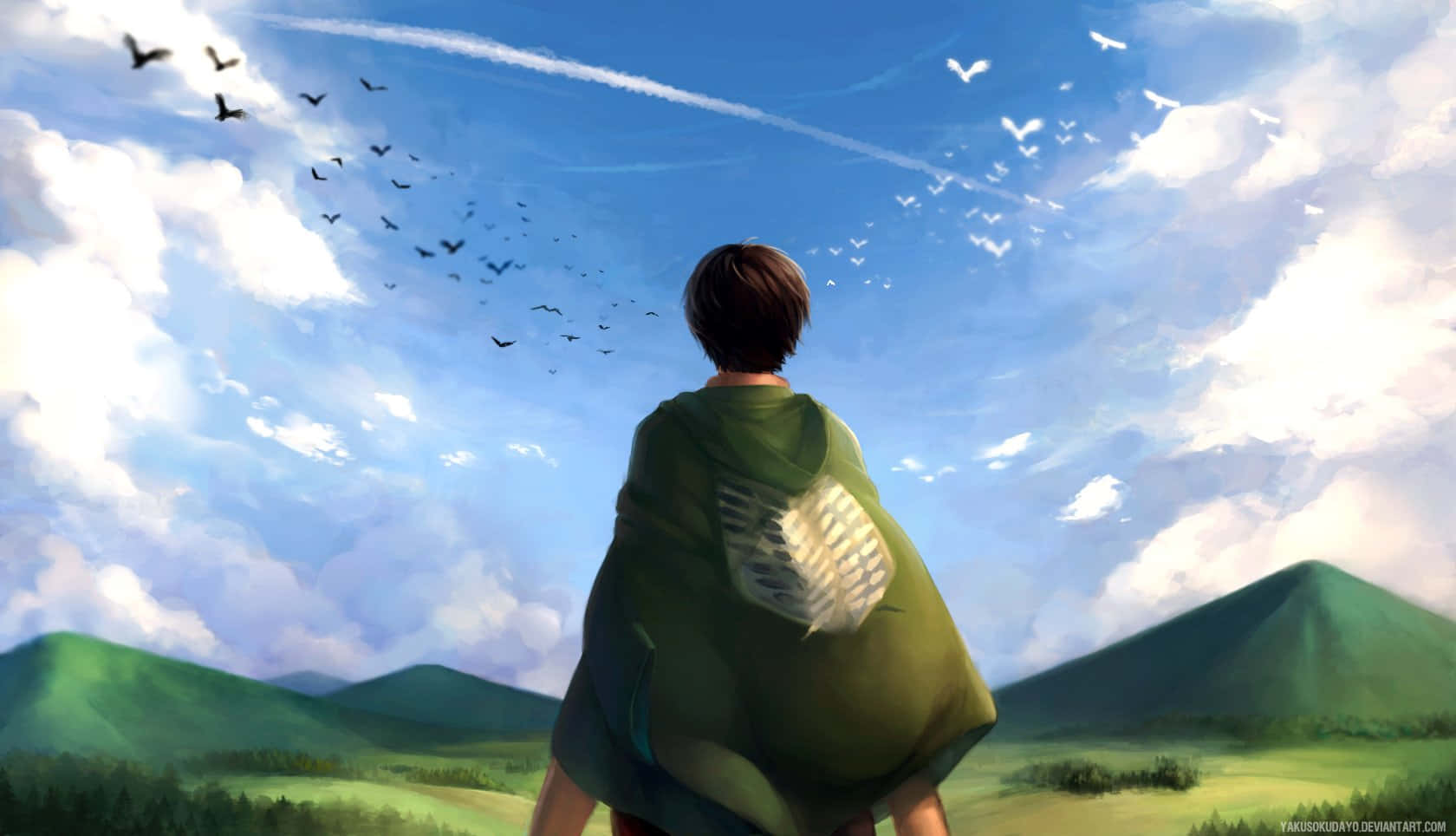 Freedom 桌布 壁紙 — 一個孤獨的身影，身穿帶有白色徽章的綠色斗篷，站在長滿青草的山丘上，俯瞰著連綿起伏的丘陵，天空湛藍，鳥兒和雲朵點綴其間。