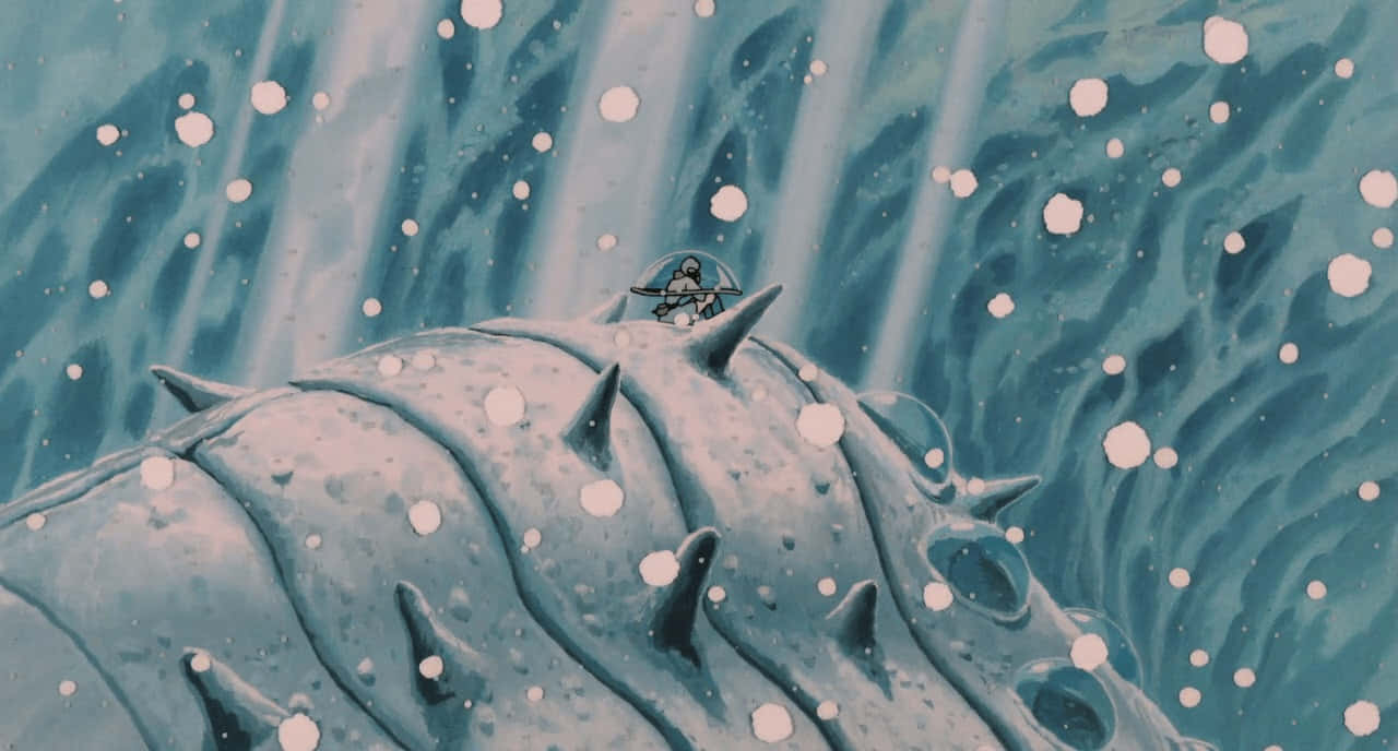 nausicaä of the valley of the wind 桌布 壁紙 — 一個孤獨的身影乘坐小船，在雪天下航行於洶湧的冰水之中。
