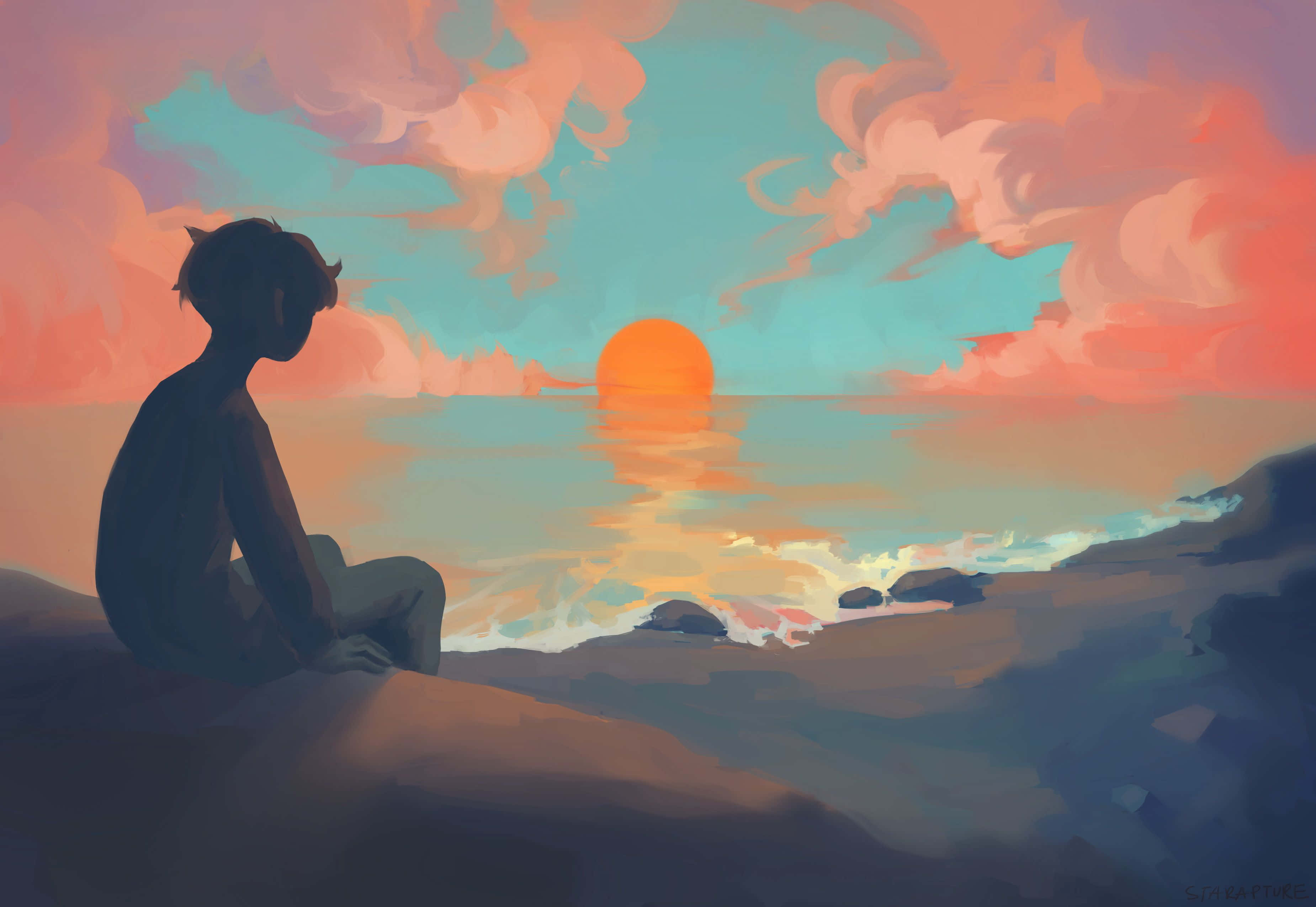 Anime Sunset 桌布 壁紙 — 一個孤獨的身影以剪影形式坐在岩石海岸上，觀看鮮豔的橙色太陽在平靜的海面上落下，天空有粉彩粉紅和藍綠色的雲彩。