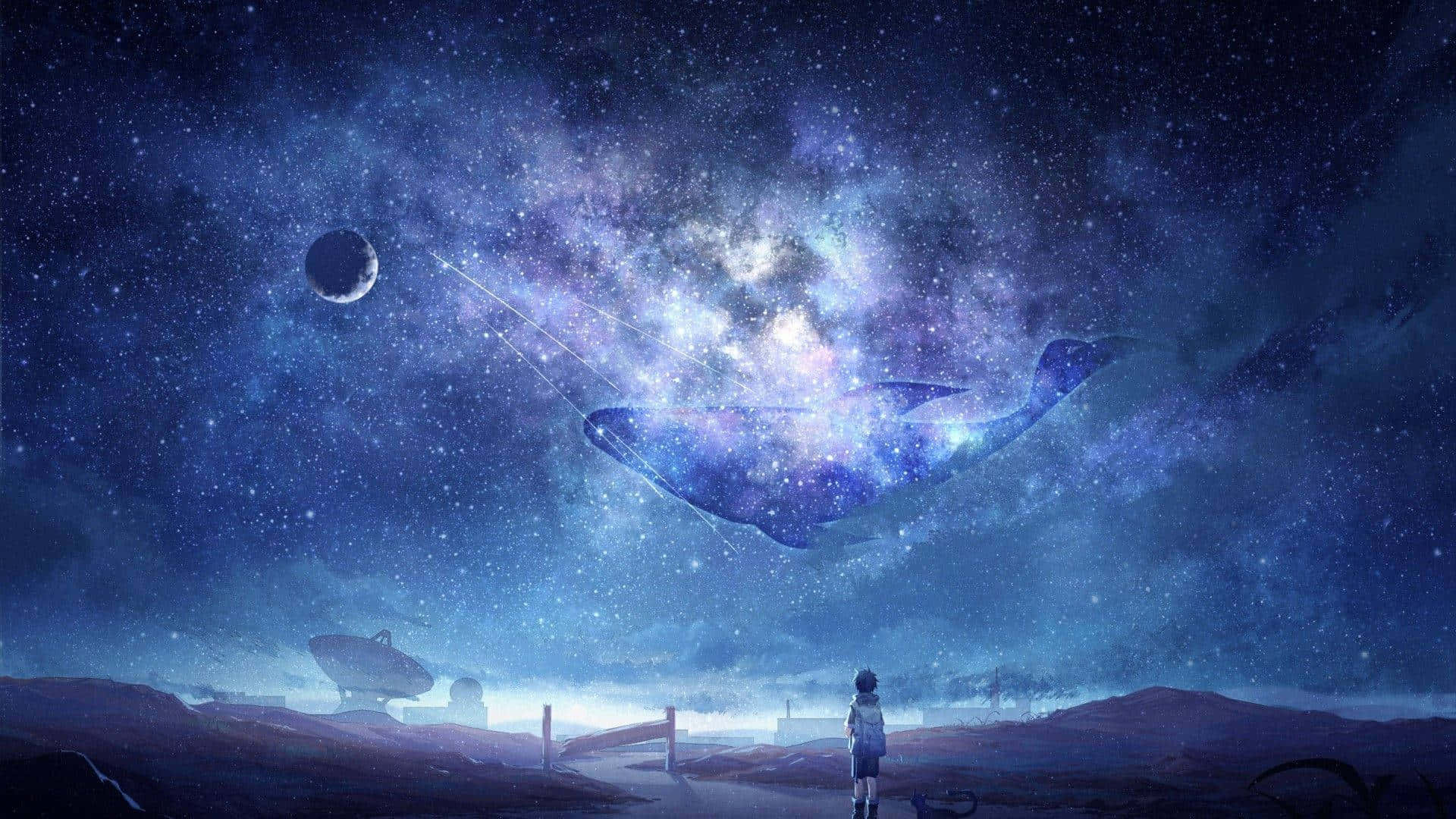 Anime Sky 桌布 壁紙 — 一個孤獨的身影仰望着一條在荒涼外星景觀上方的星際銀河中游弋的宇宙鯨魚。