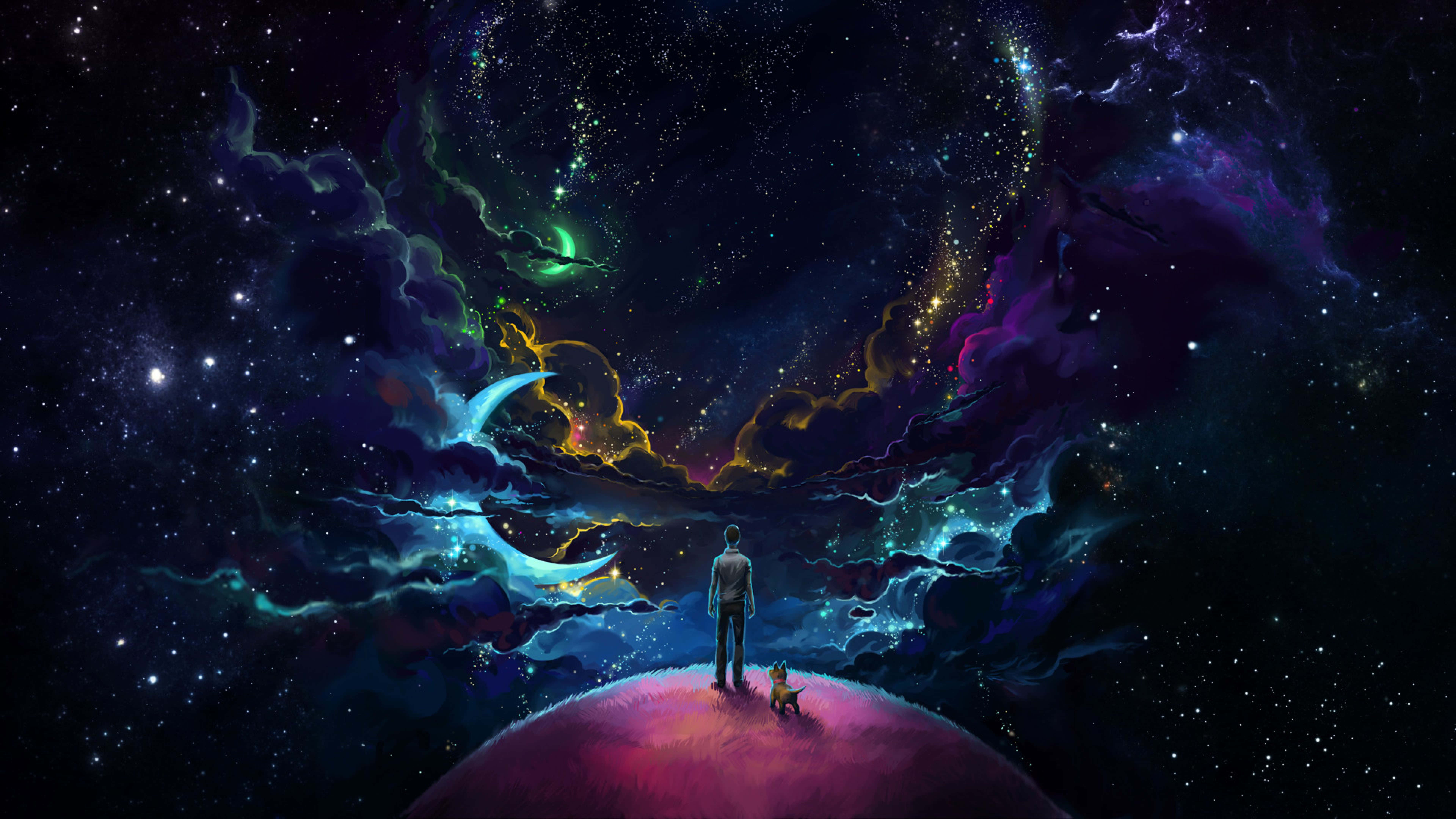 8K 桌布 壁紙 — 一個孤獨的身影和一隻小狗站在一顆發光的行星上，凝視著充滿恆星和旋轉星系的生動宇宙星雲。
