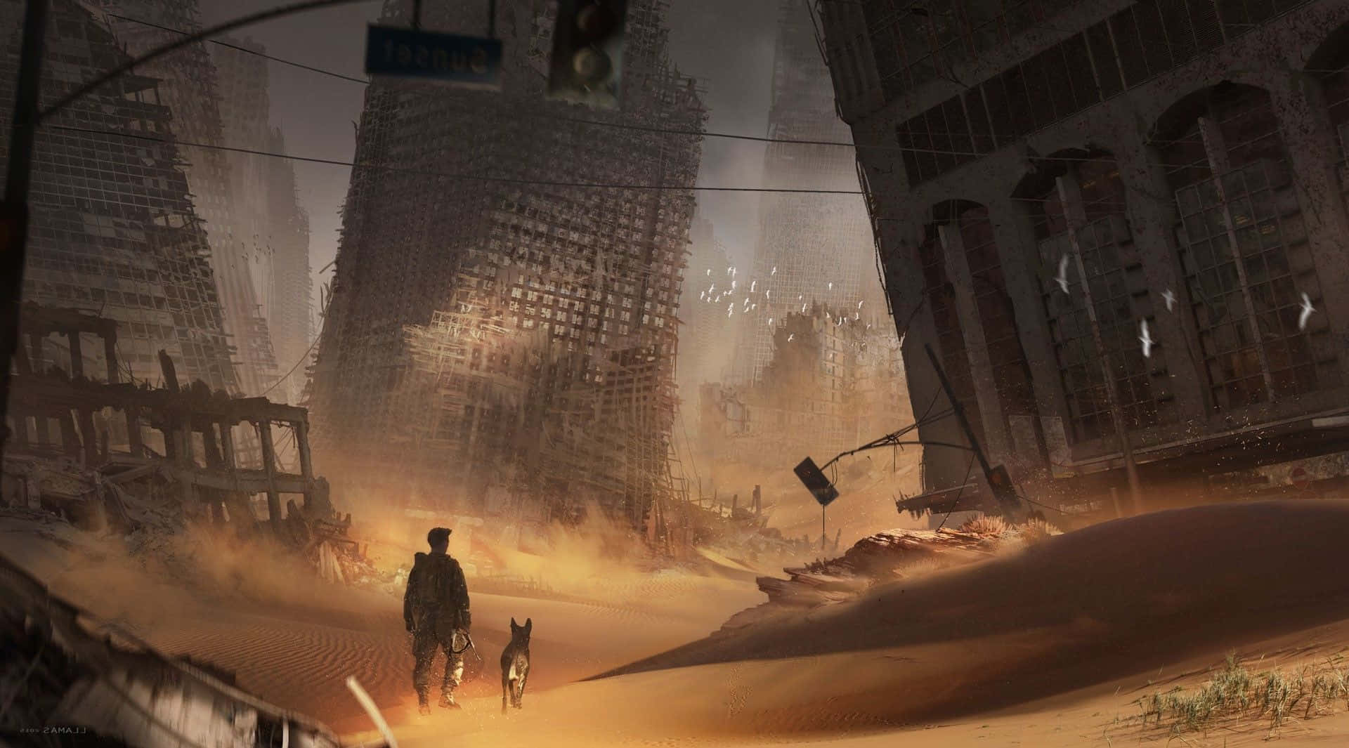 Fallout 4 Wasteland 桌布 壁紙 — 一個孤獨的身影和一隻狗在朦朧的橙色天空下，穿過荒涼、充滿沙塵的城市廢墟。
