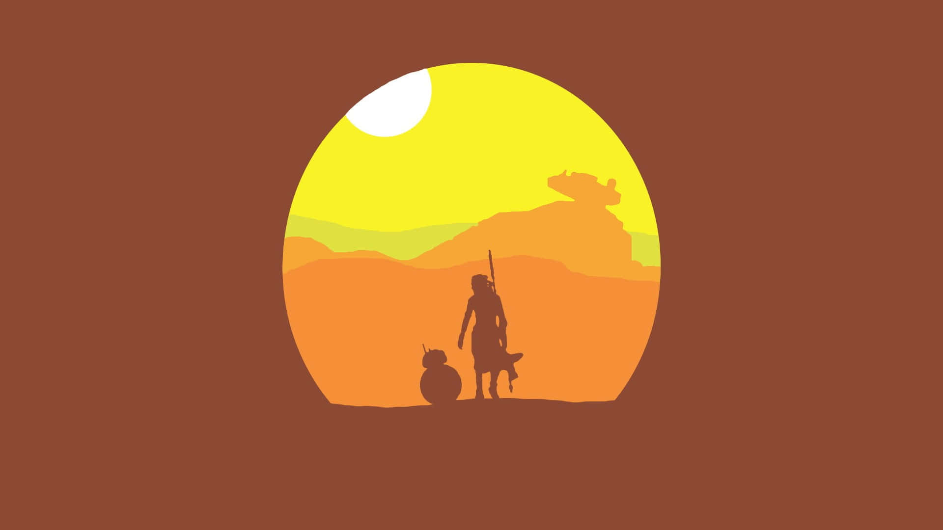 Jakku 桌布 壁紙 — 一個孤獨的身影和機械人站在沙漠日落前，遠處有坦克的剪影。