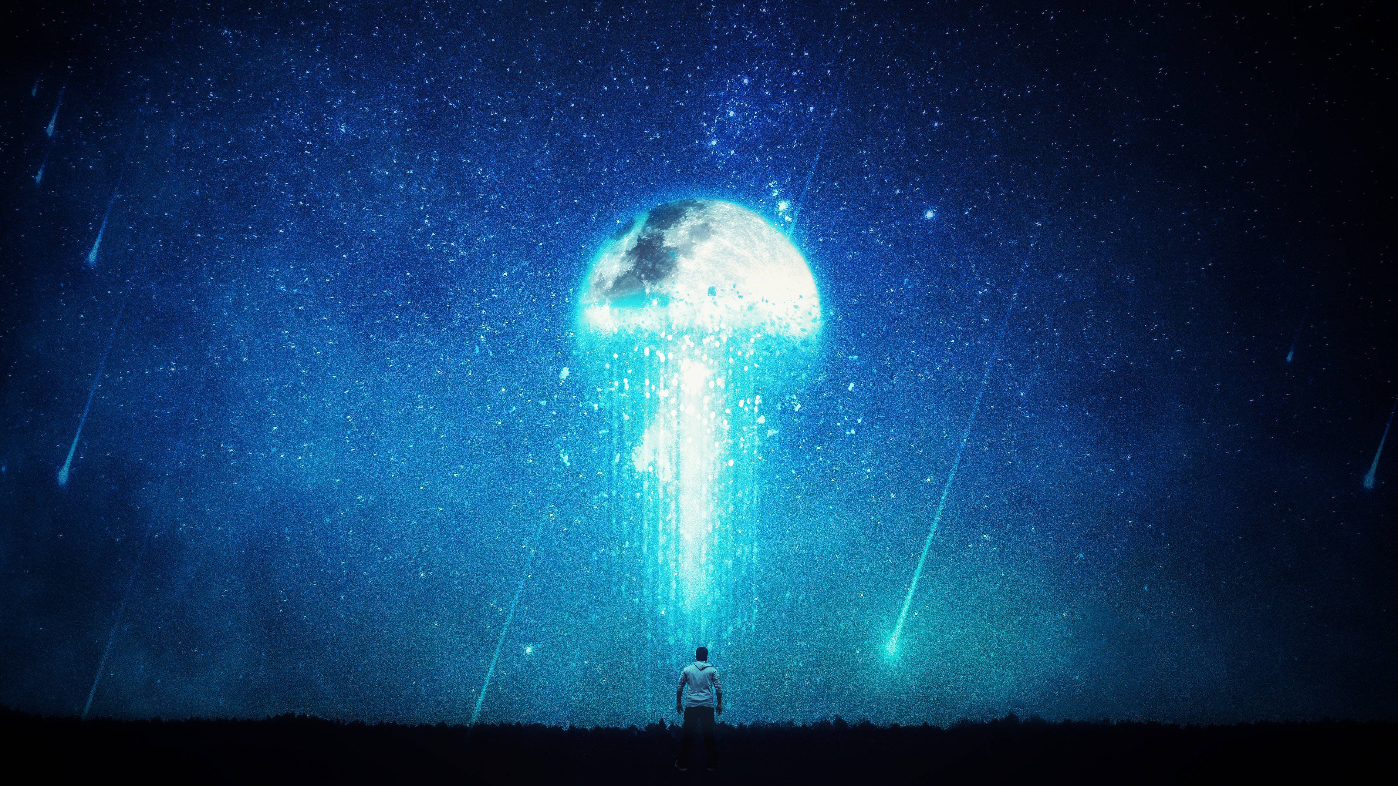 月色夜空 桌布 壁紙 — 一個孤獨的身影在一個發光的藍色水母形狀的月亮下敬畏地站立，月亮懸掛在流星墜落的星空夜空中。