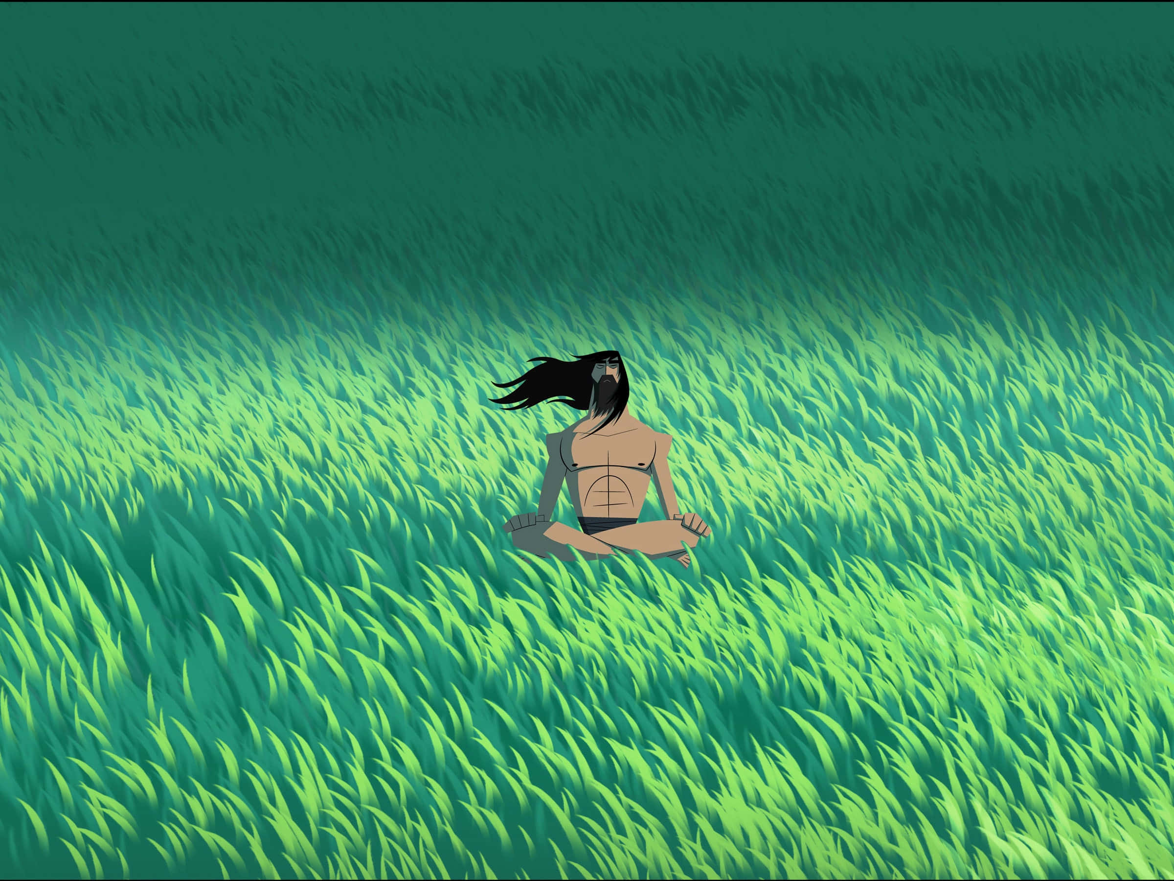 samurai jack 桌布 壁紙 — 一個孤獨的身影在一片高高的綠草地上冥想，天空呈現漸變的藍綠色。