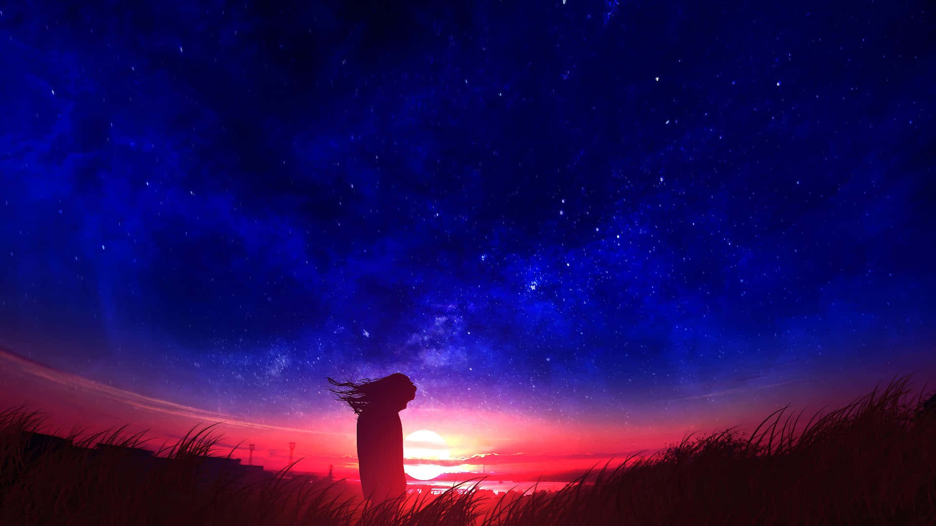 Anime Sunset 桌布 壁紙 — 一個孤獨的身影在充滿星星和宇宙色調的鮮豔日落天空下形成剪影。