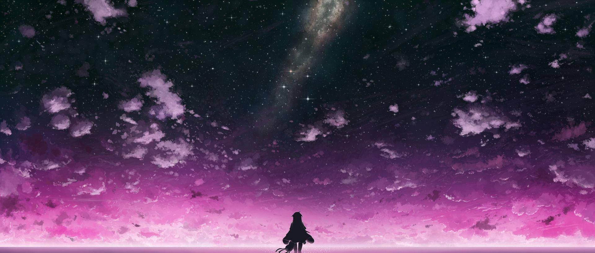 Dark Purple Anime 桌布 壁紙 — 一個孤獨的身影在充滿星星和發光星系的鮮豔紫色天空下以剪影站立。