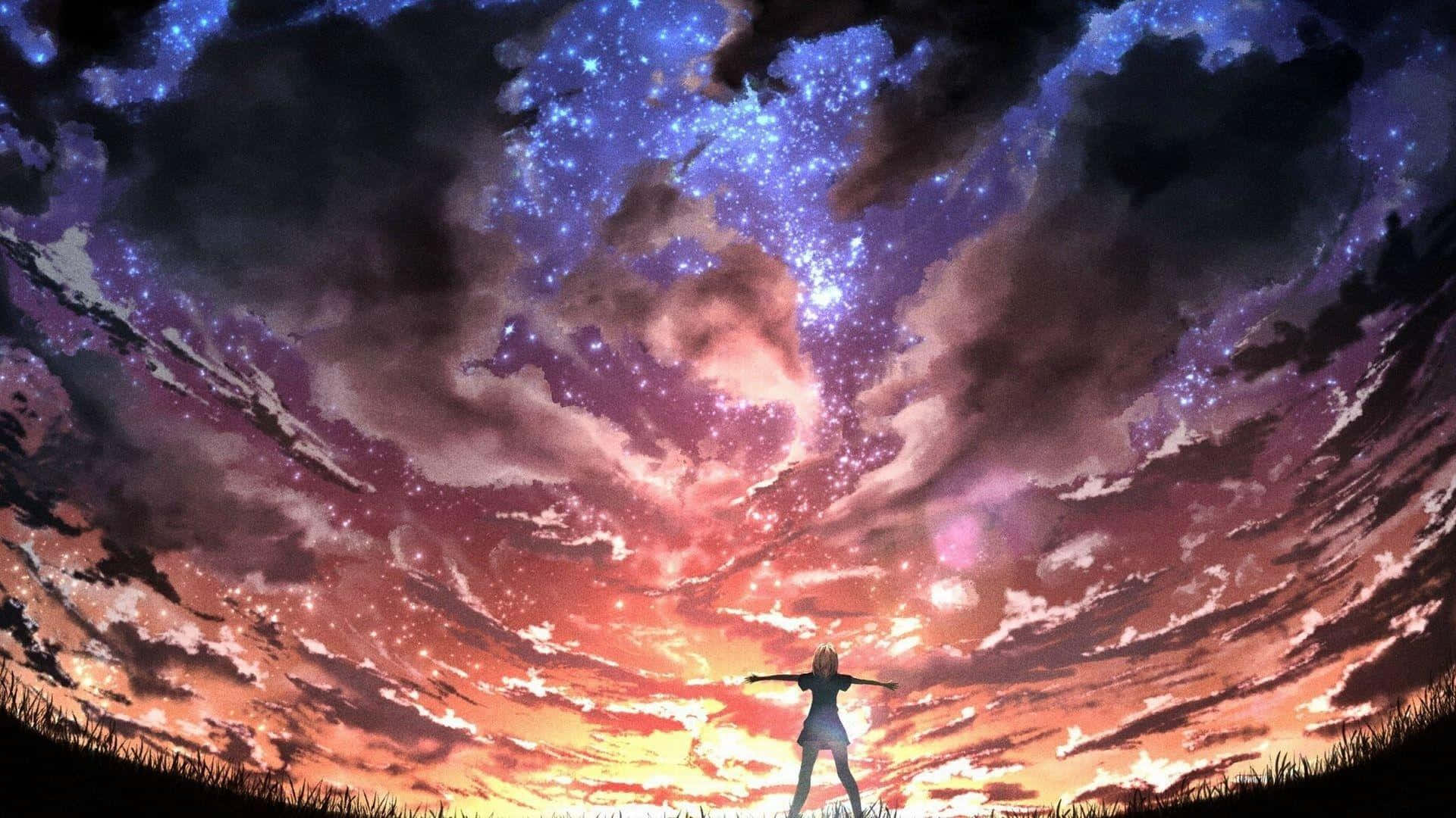 Manga Universe 桌布 壁紙 — 一個孤獨的身影在充滿星星和鮮豔星雲的漩渦宇宙天空下張開雙臂站立。