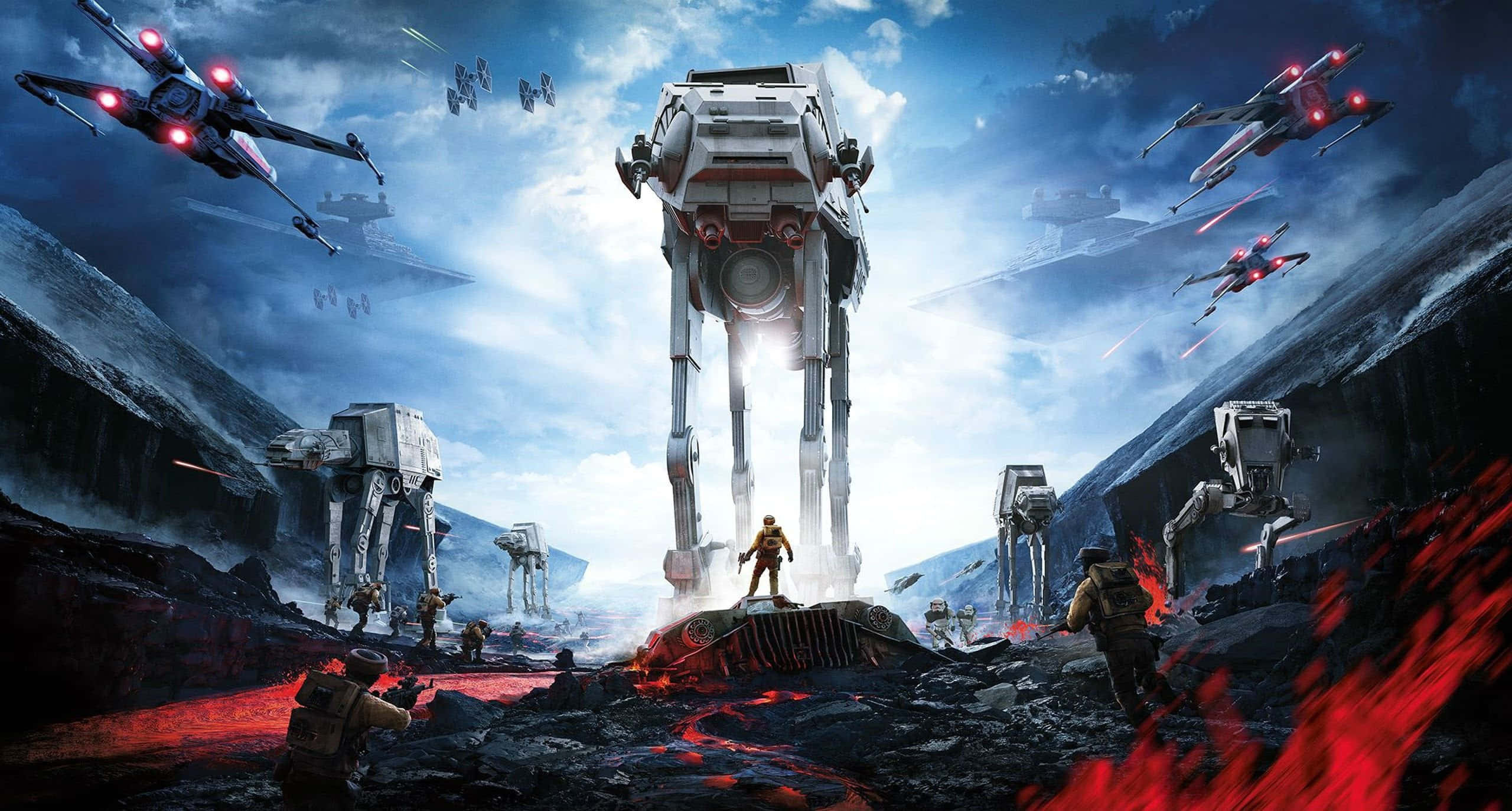 Scarif 桌布 壁紙 — 一個孤獨的身影在充滿熔岩的戰場上挑釁地站立，而巨大的AT-AT步行機和X翼戰機在暴風雨的天空下戰鬥。