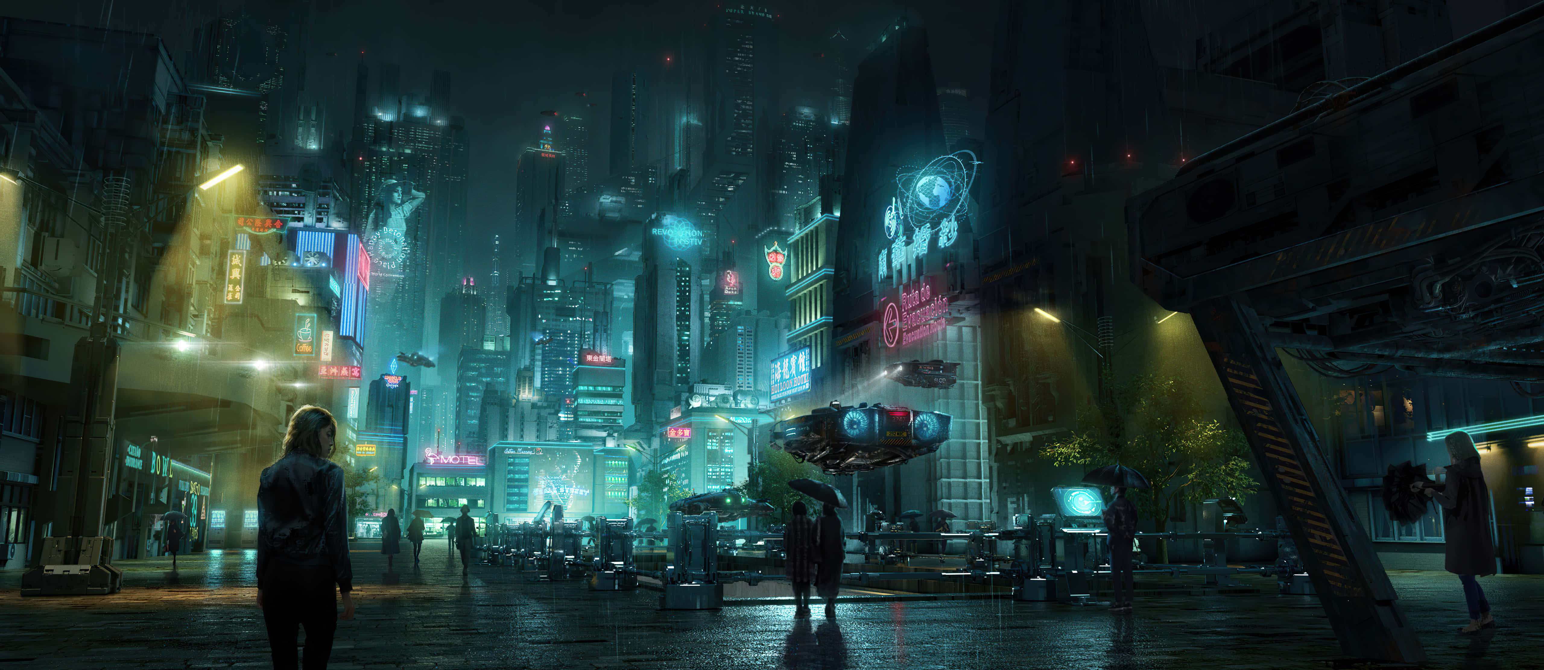 Dark Dystopian 桌布 壁紙 — 一個孤獨的身影在夜晚走過被雨水浸濕、霓虹燈閃爍的賽博龐克城市景觀，周圍是高聳的摩天大樓和飛行車輛。
