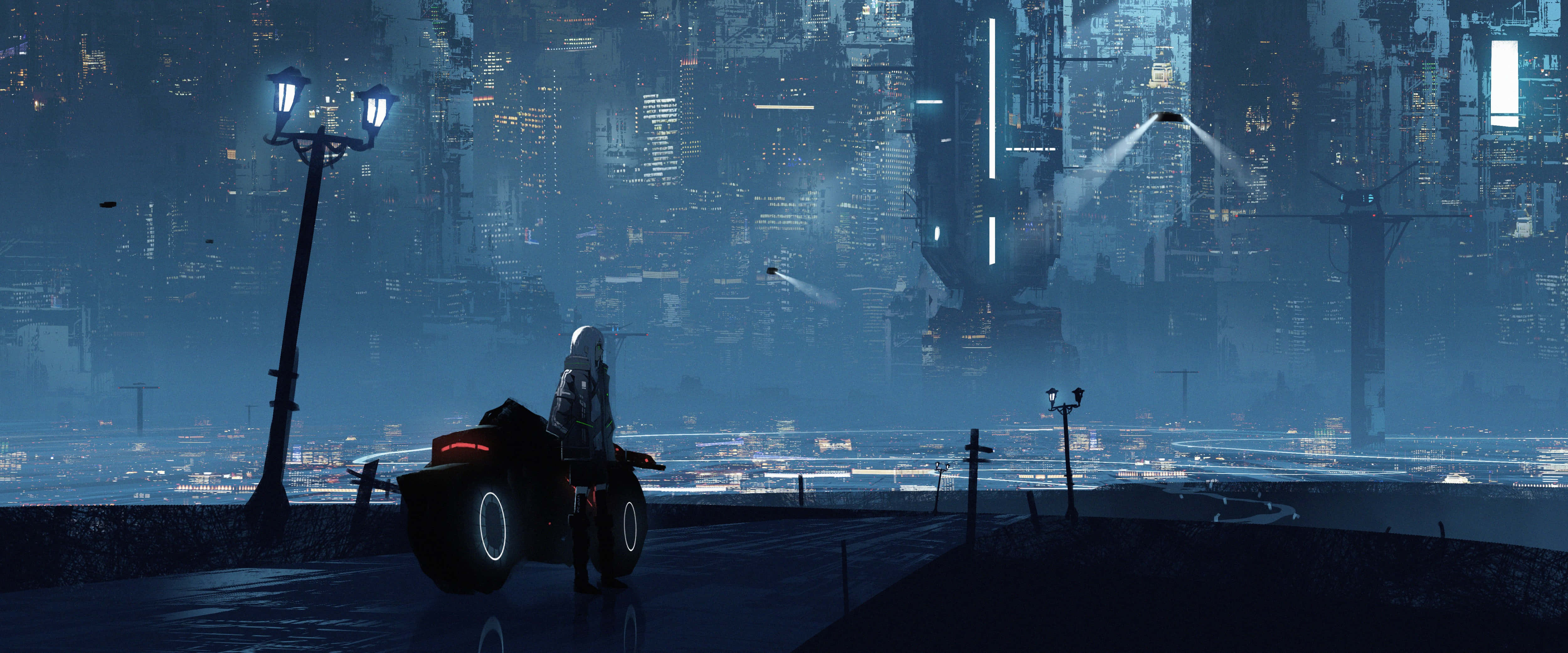 Dark Cyberpunk 桌布 壁紙 — 一個孤獨的身影在夜晚騎著未來風格的電單車，穿過霓虹燈閃爍的賽博龐克城市景觀。