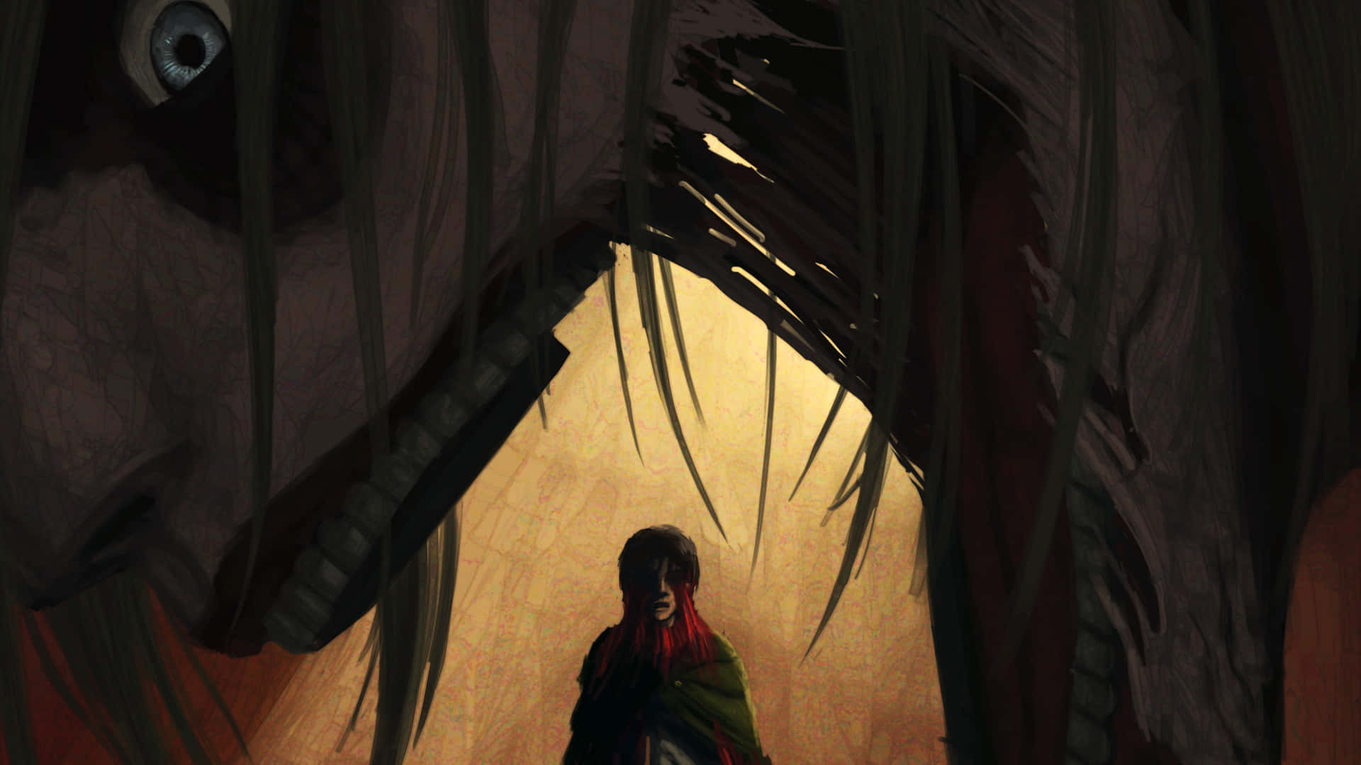 Female Titan 桌布 壁紙 — 一個孤獨的身影在巨大生物張開的大口下敬畏地站立，被來自內部的溫暖金色光芒照亮。