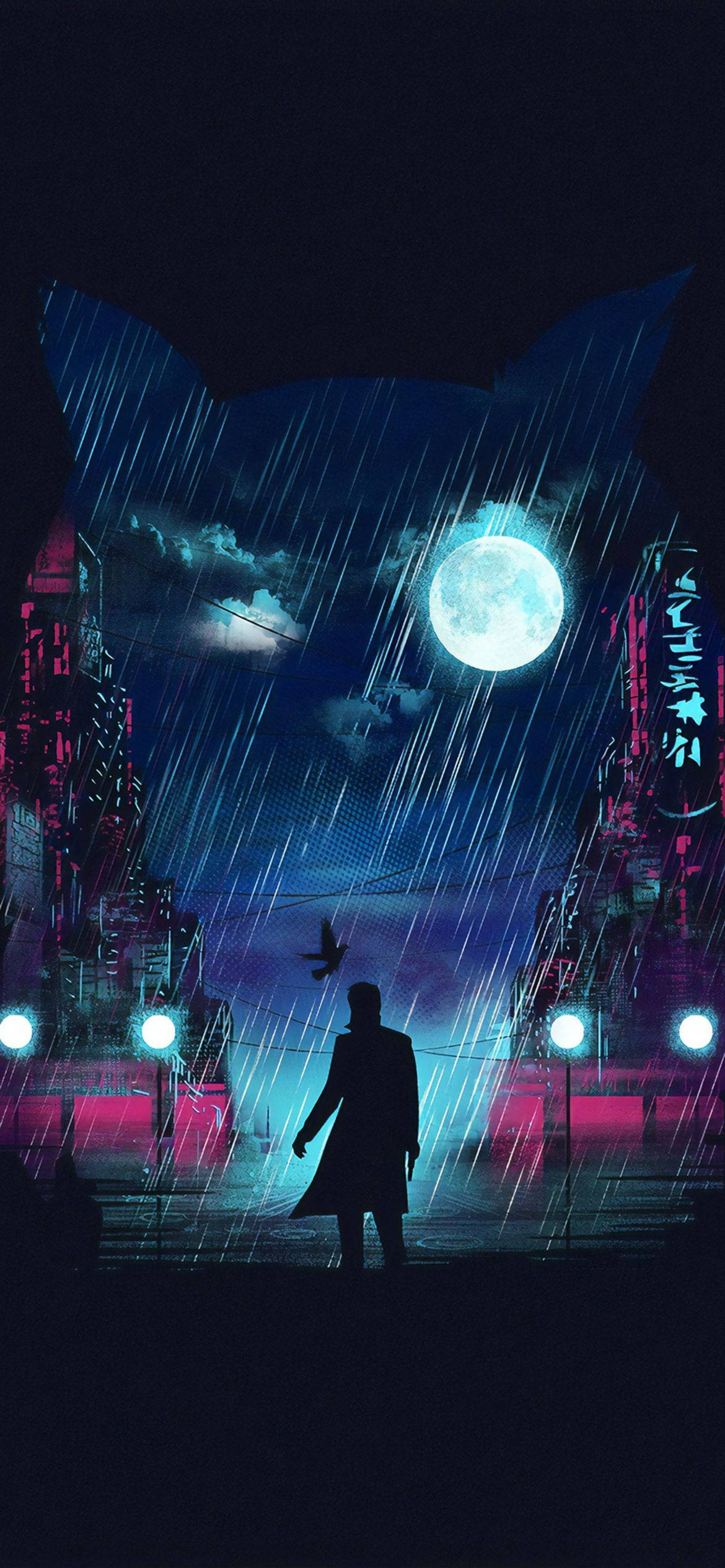 Digital 桌布 壁紙 — 一個孤獨的身影在巨大的貓形月亮下，行走於霓虹雨浸的賽博龐克城市景觀中。
