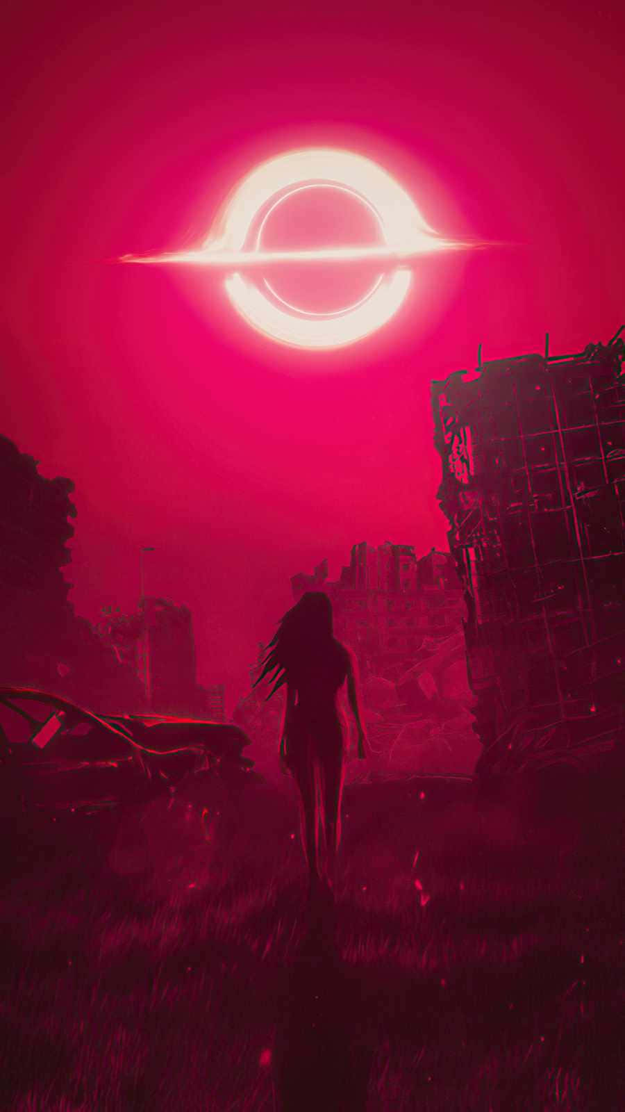 Black Hole Sun 桌布 壁紙 — 一個孤獨的身影在廢墟城市中行走，上方是發光的粉紅色環狀太陽，營造出超現實的末日場景。