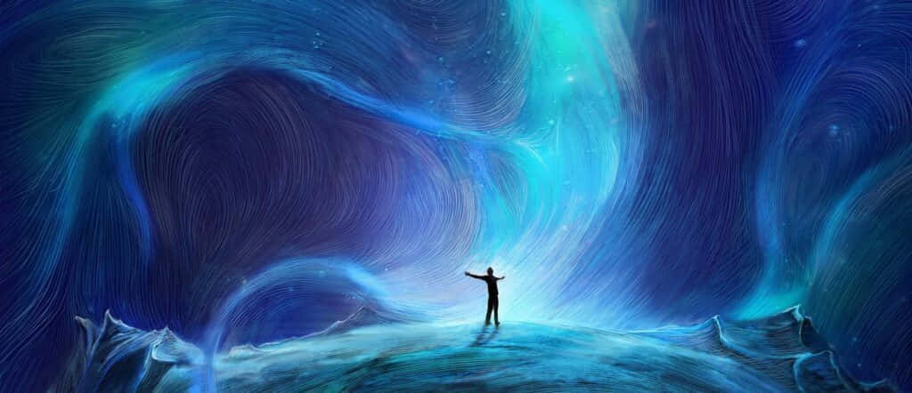 靈魂 桌布 壁紙 — 一個孤獨的身影在旋轉的宇宙極光下，站在發光的藍色平台上，雙臂伸展，呈現超現實的數碼夢境景觀。