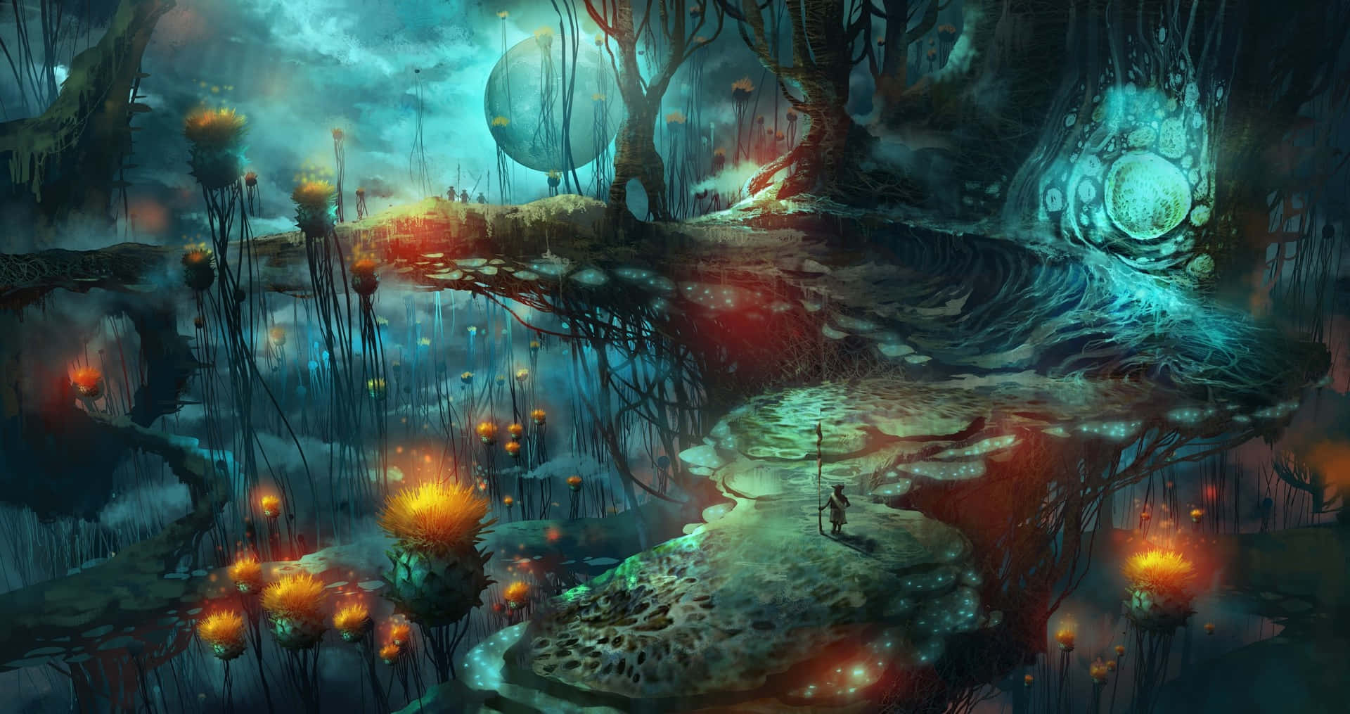 Trippy Mushroom 桌布 壁紙 — 一個孤獨的身影在暮色天空下，穿過一片超現實的外星森林，森林中有生物發光的植物和漂浮的球體，走在一條發光的道路上。