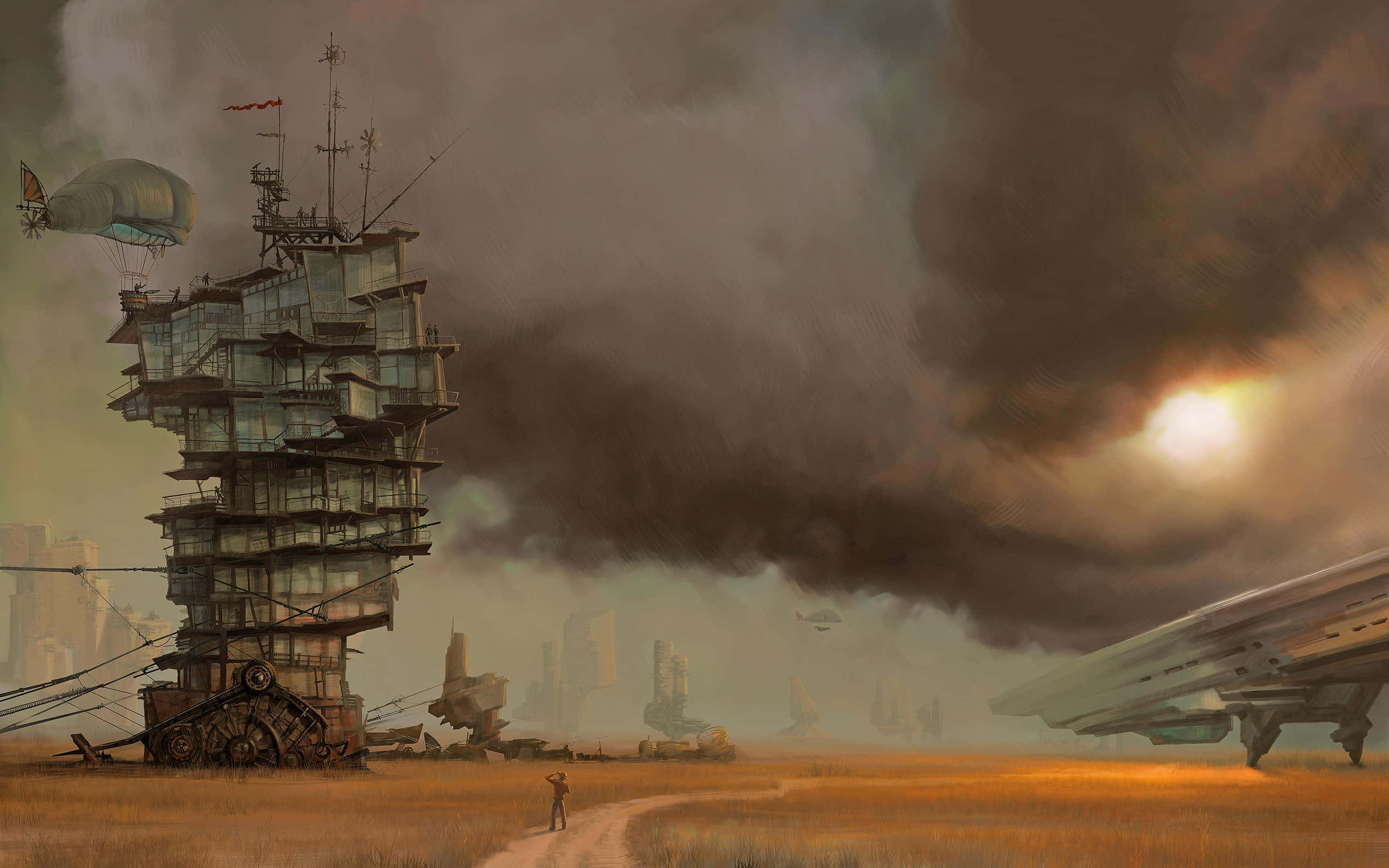 Dark Steampunk 桌布 壁紙 — 一個孤獨的身影在暴風雨的天空下，走向一座高聳、腐朽的蒸氣龐克建築，遠處有飛艇和飛行船。