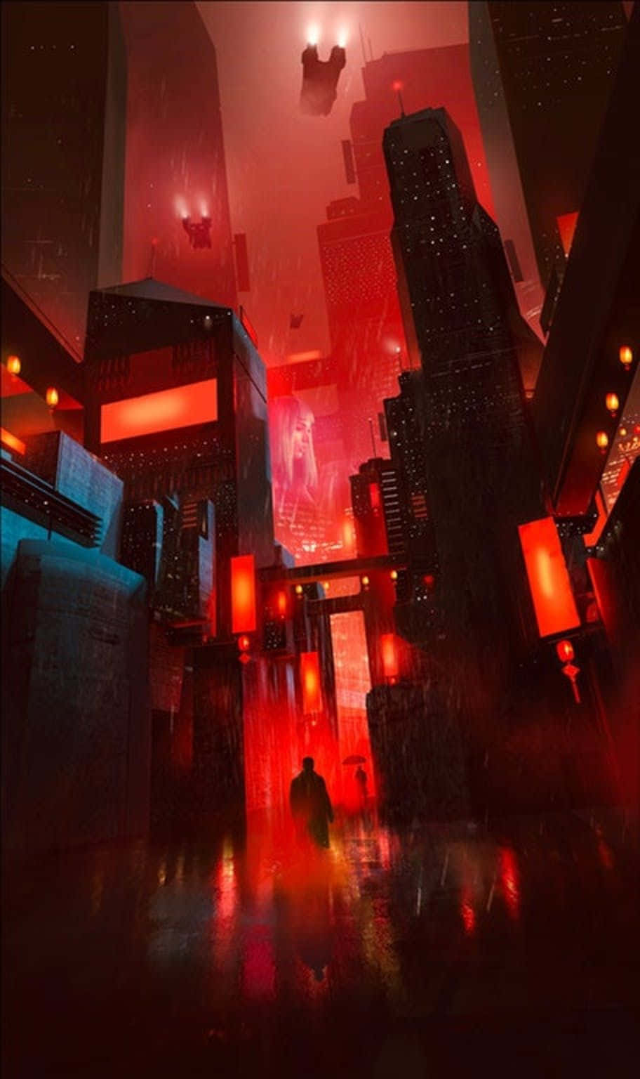 Dark Dystopian 桌布 壁紙 — 一個孤獨的身影在深紅色的天空下，走過被雨水浸透、霓虹燈閃爍的賽博龐克城市景觀。